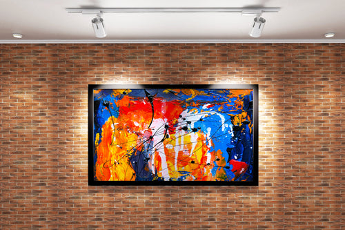a vibrant abstract expressionist painting with heavy textures and energetic black paint splatters, abstract, art, kanvas tablo