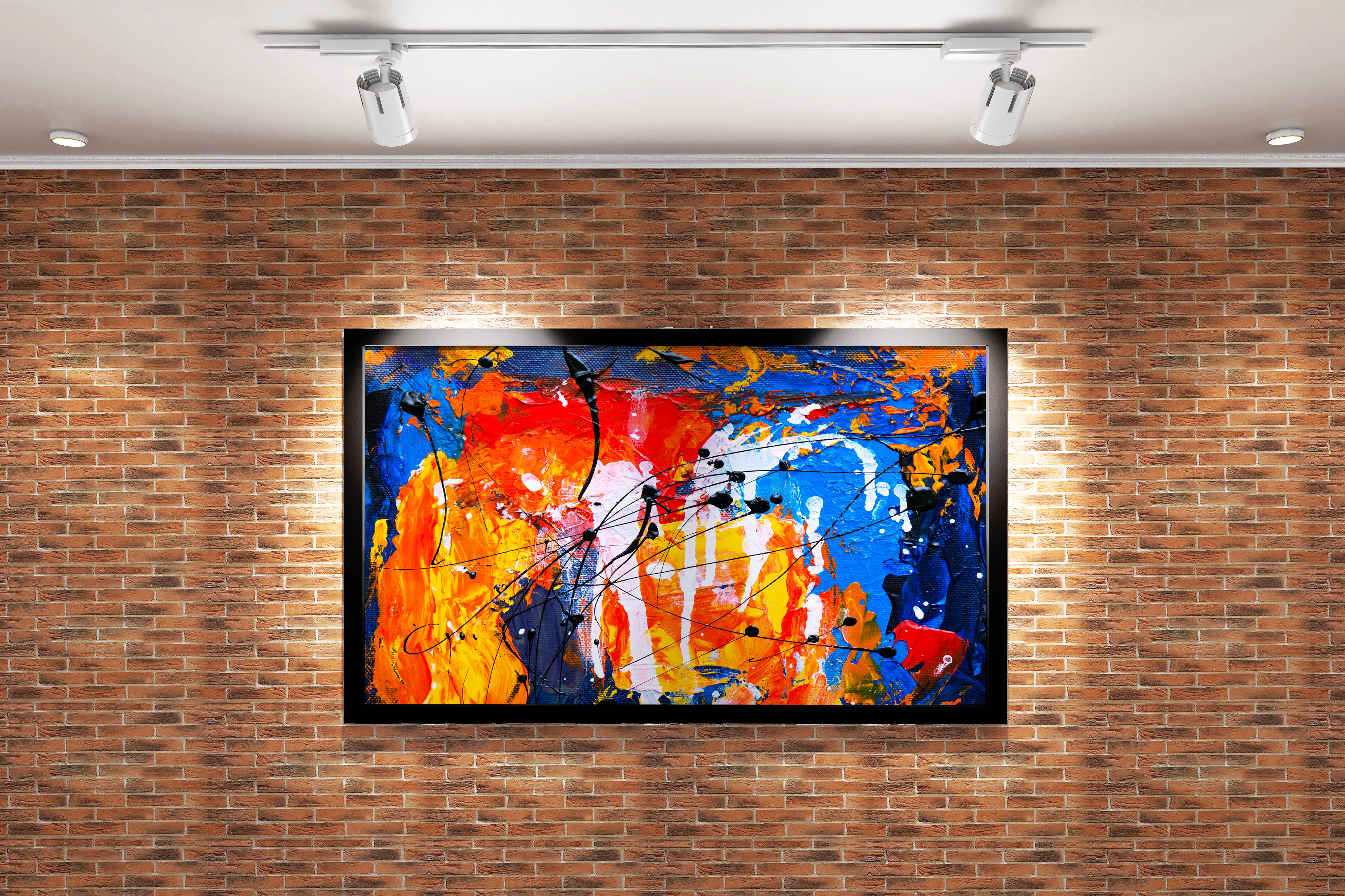 a vibrant abstract expressionist painting with heavy textures and energetic black paint splatters, abstract, art, kanvas tablo