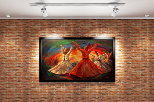 an expressive palette knife painting of whirling dervishes in a colorful swirl, art, kanvas tablo