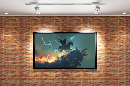 a dark knight on horseback on a slain dragon amidst fire and lightning, ai art, art, kanvas tablo