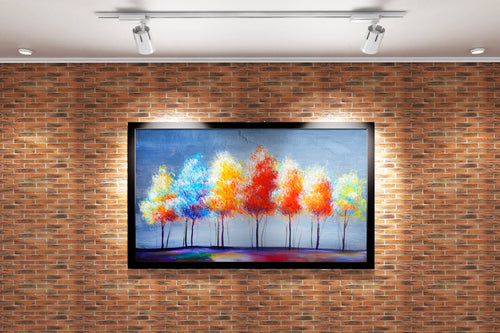 a vibrant, textured palette knife painting of a row of colorful autumn trees, view, art, kanvas tablo