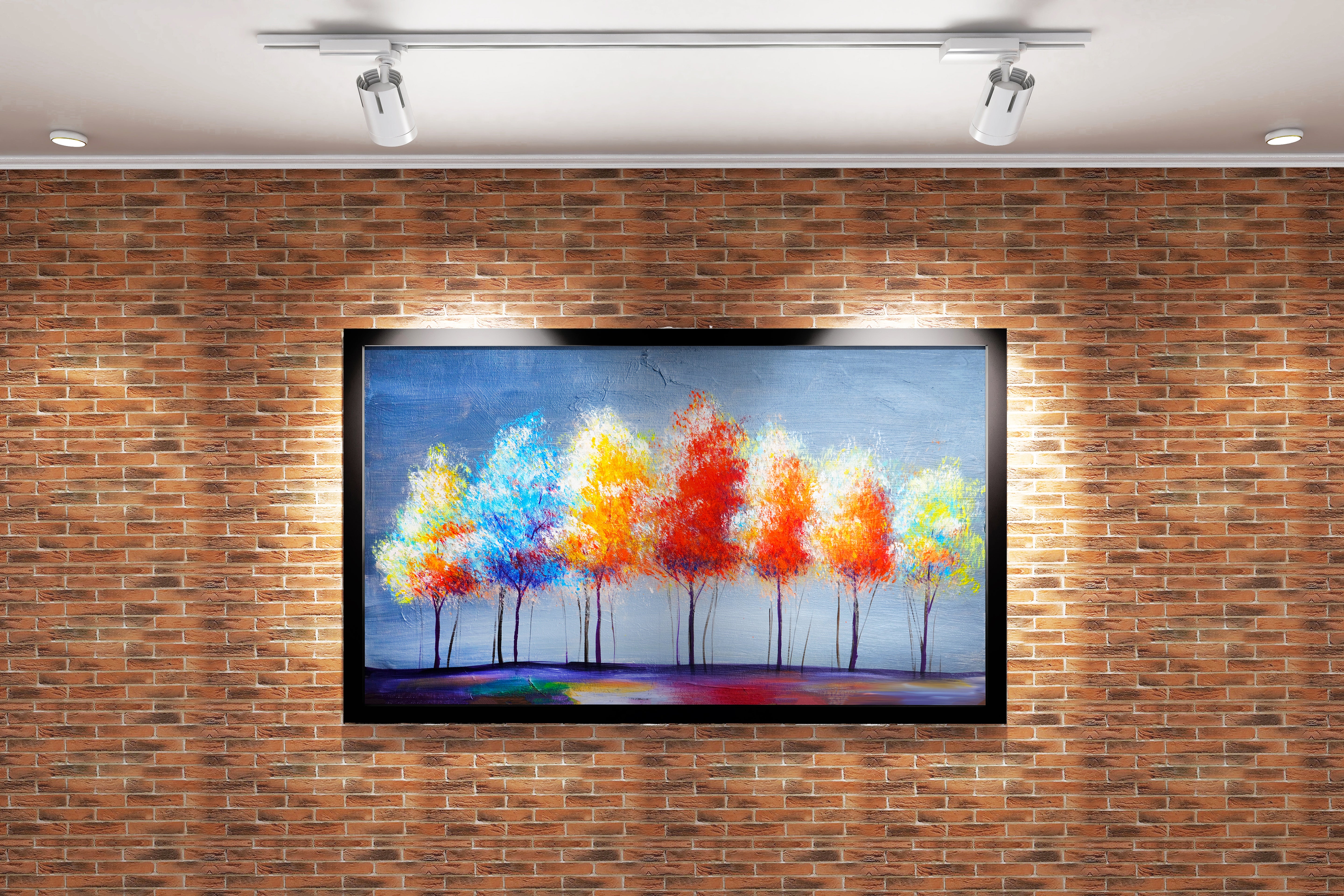 a vibrant, textured palette knife painting of a row of colorful autumn trees, view, art, kanvas tablo