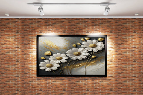 3d white daisies with golden centers on a grey and gold impasto background, flower motif, art, kanvas tablo