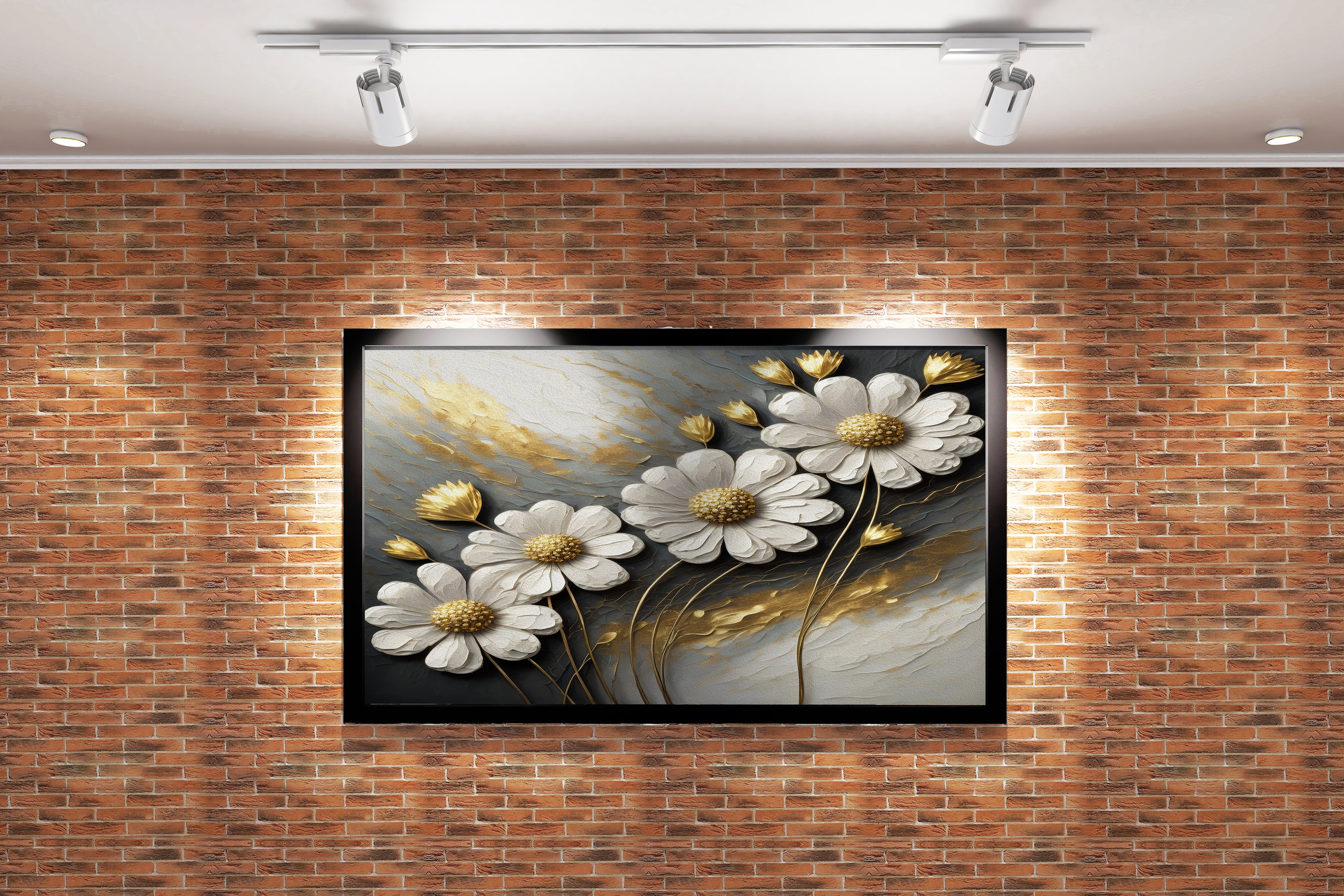 3d white daisies with golden centers on a grey and gold impasto background, flower motif, art, kanvas tablo