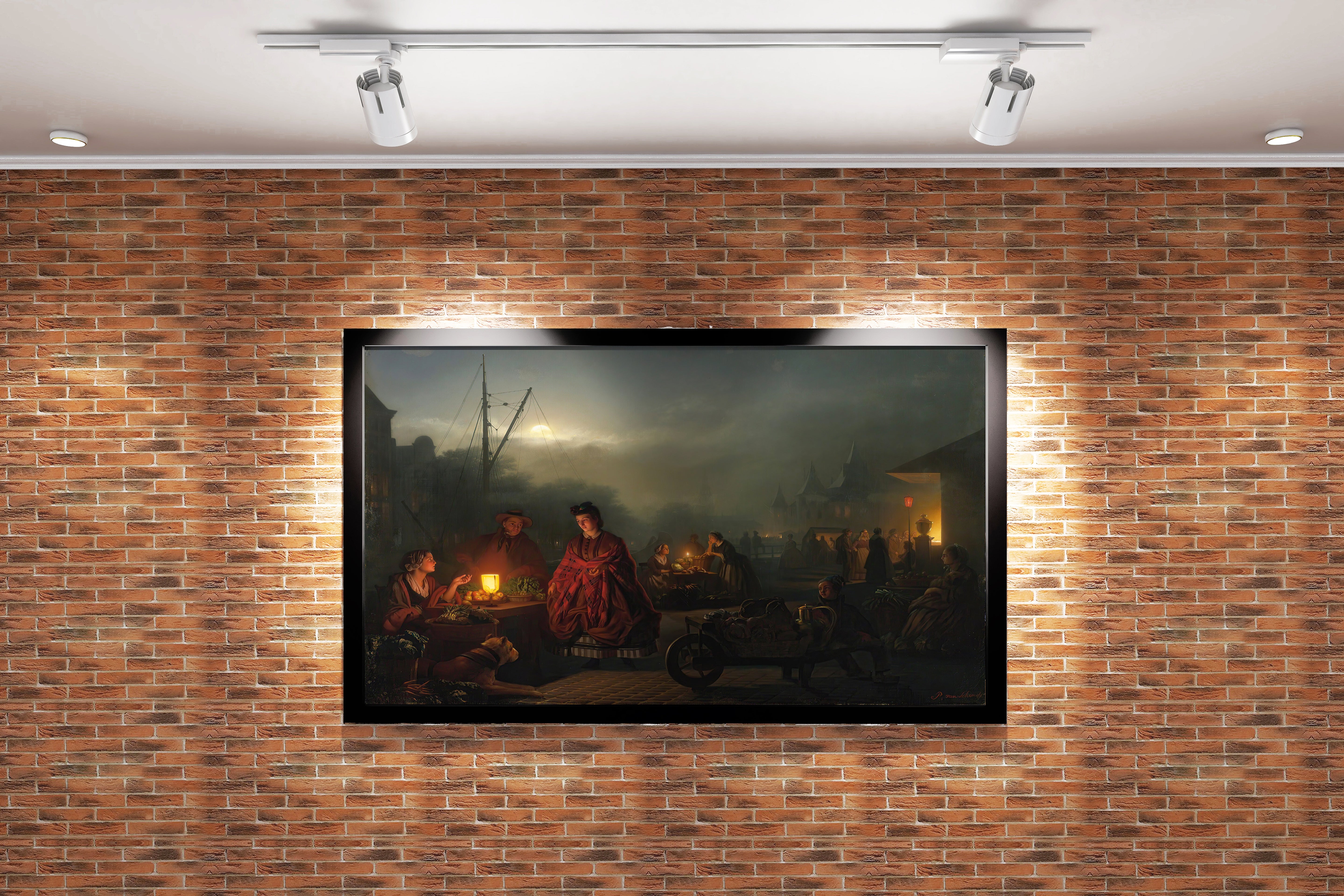 Petrus van Schendel'in Işık Ustası Eseri Ay Işığında Pazar Yeri Romantik Kanvas Tablo