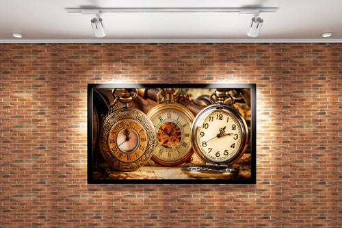 a still life of ornate, vintage pocket watches on an old world map, art, kanvas tablo
