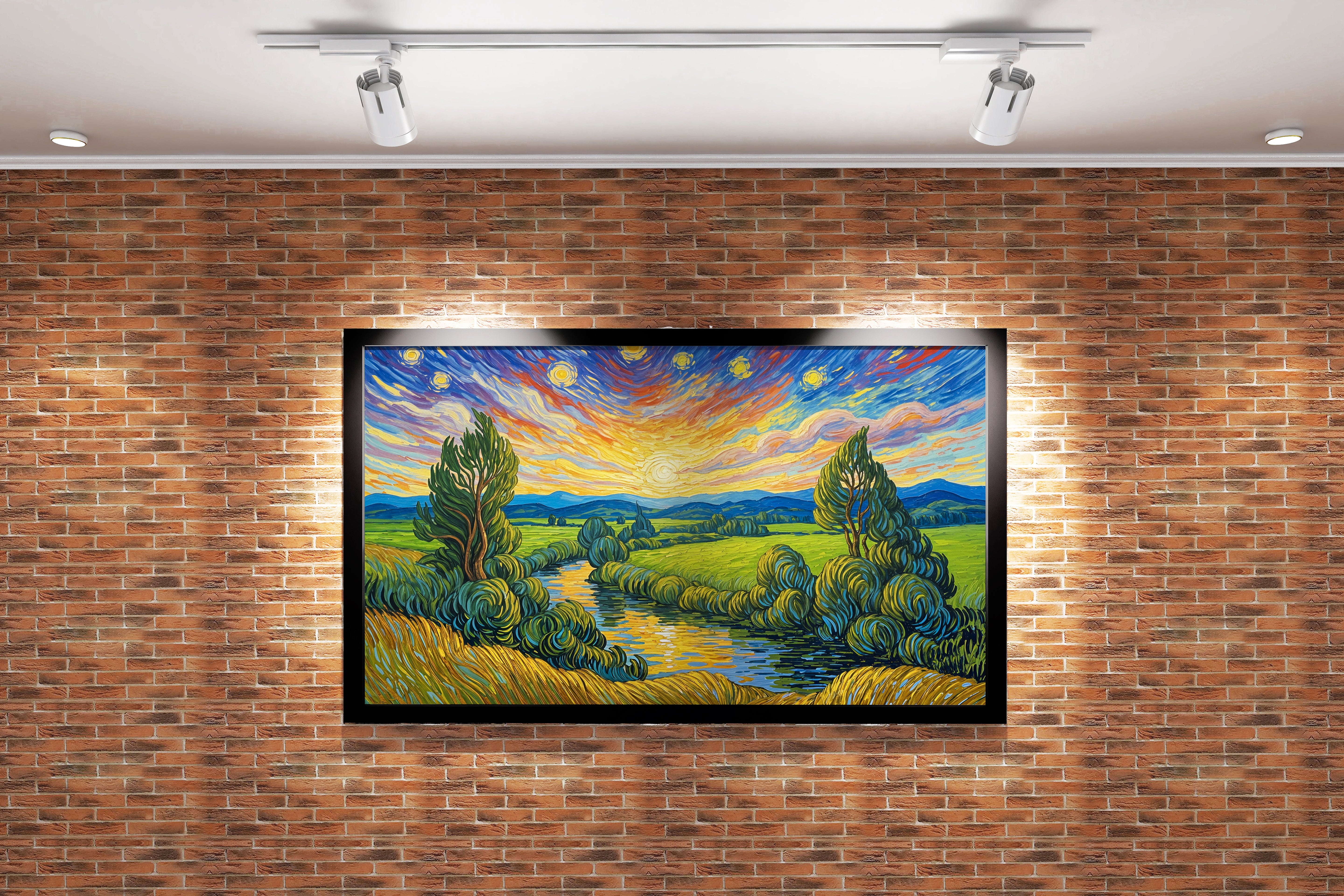 Van Gogh Cypresses and Starry Night themed river view, view, art, kanvas tablo