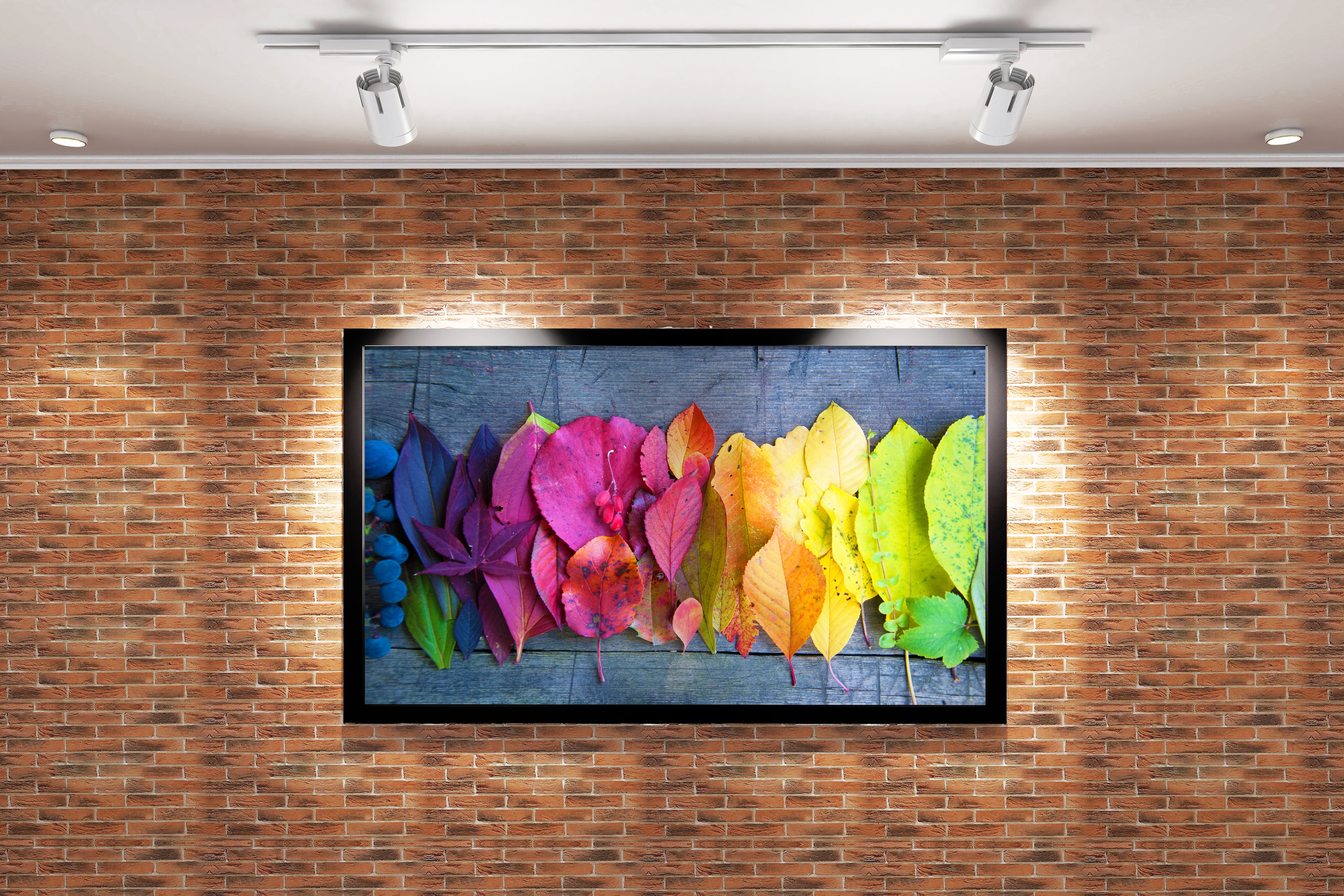 a beautiful rainbow gradient of colorful autumn leaves on a rustic wooden background, art, kanvas tablo