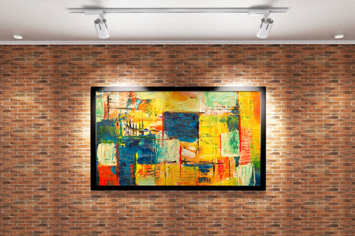 a heavily textured abstract painting with a colorful grid of warm and cool tones, abstract, art, kanvas tablo