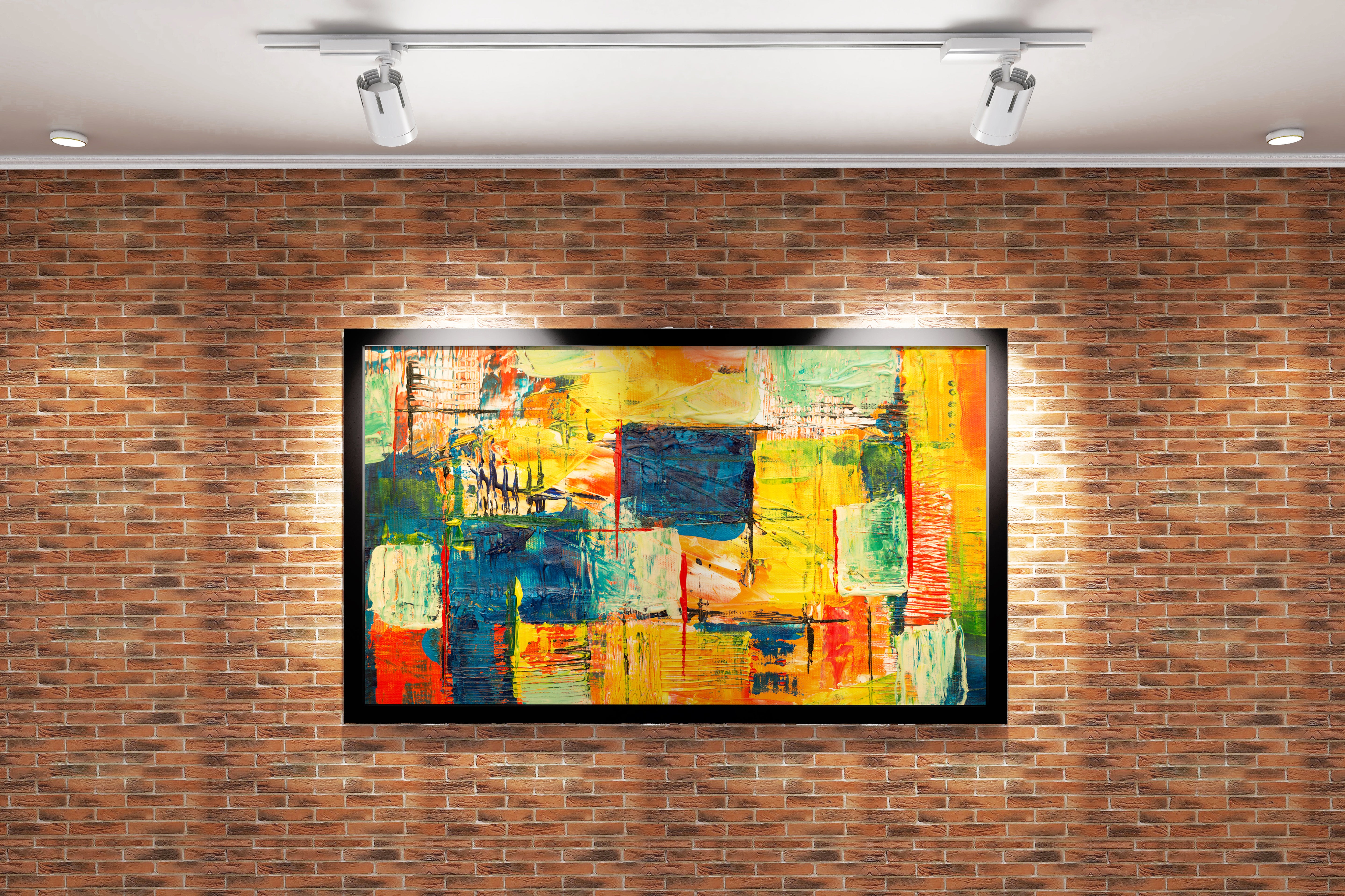 a heavily textured abstract painting with a colorful grid of warm and cool tones, abstract, art, kanvas tablo