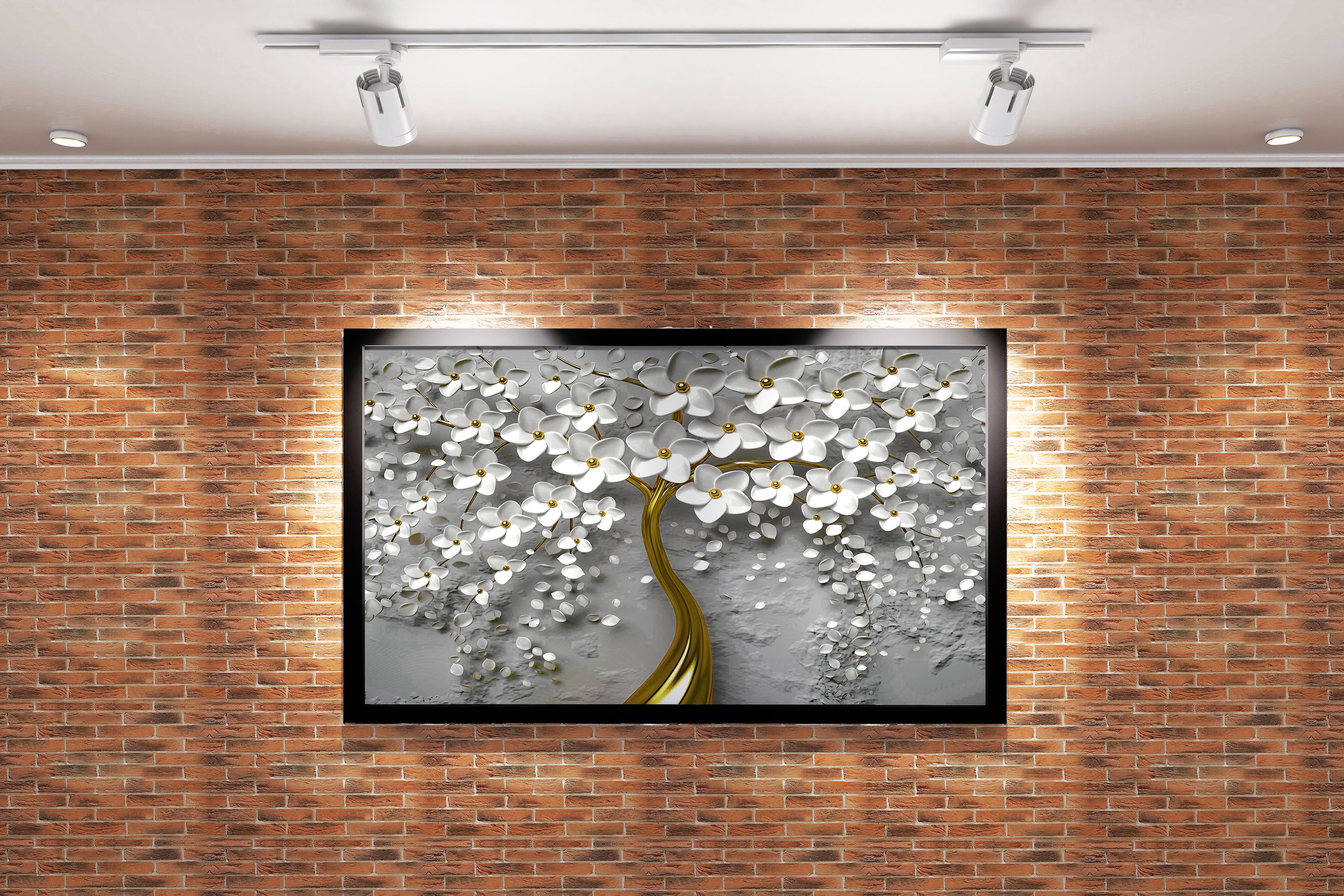 a 3d wallpaper design of an elegant golden tree with white flowers, flower motif, art, kanvas tablo