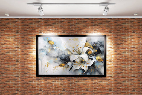 a luxurious watercolor of white lilies and golden leaves with gold splatters, flower motif, art, kanvas tablo
