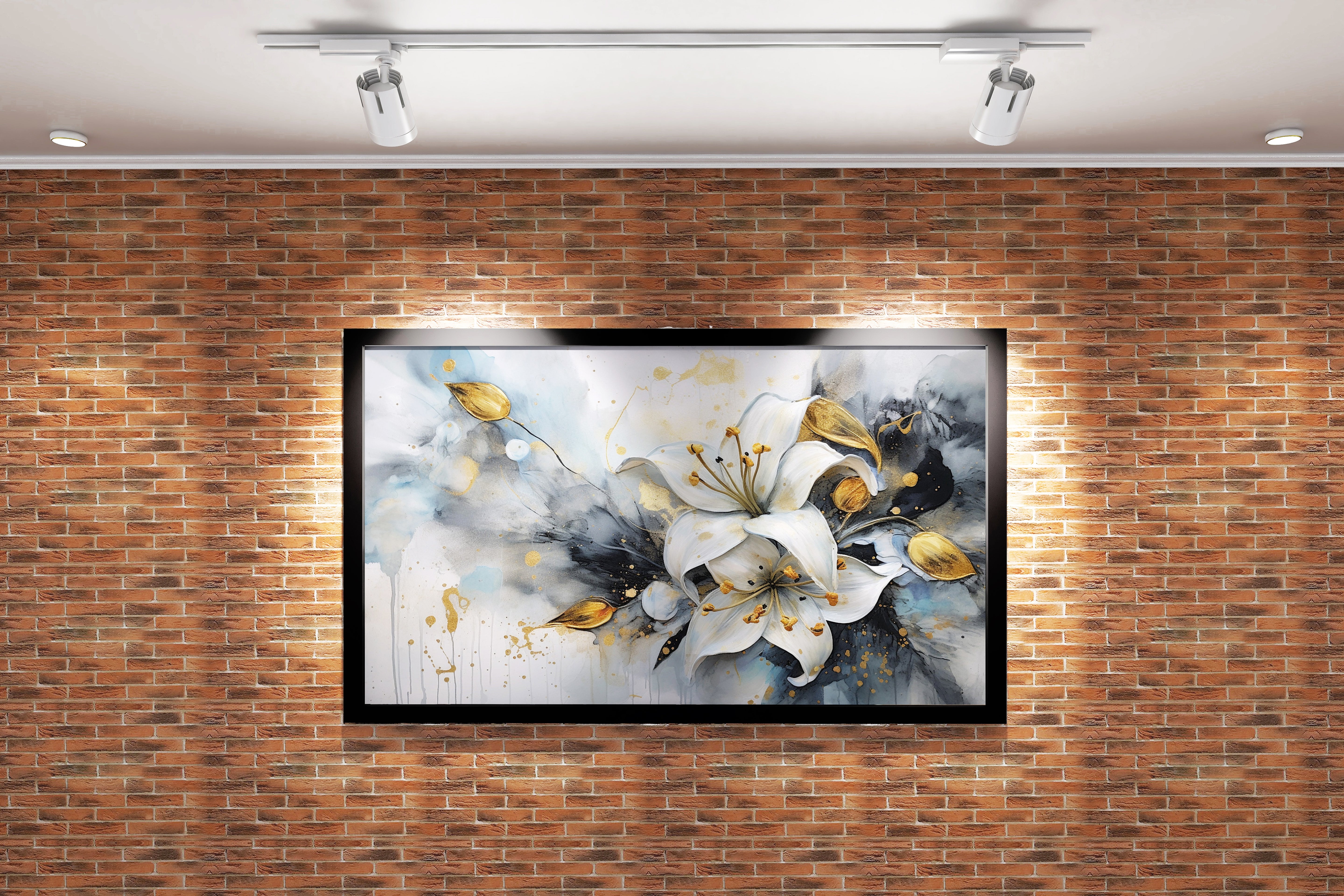a luxurious watercolor of white lilies and golden leaves with gold splatters, flower motif, art, kanvas tablo