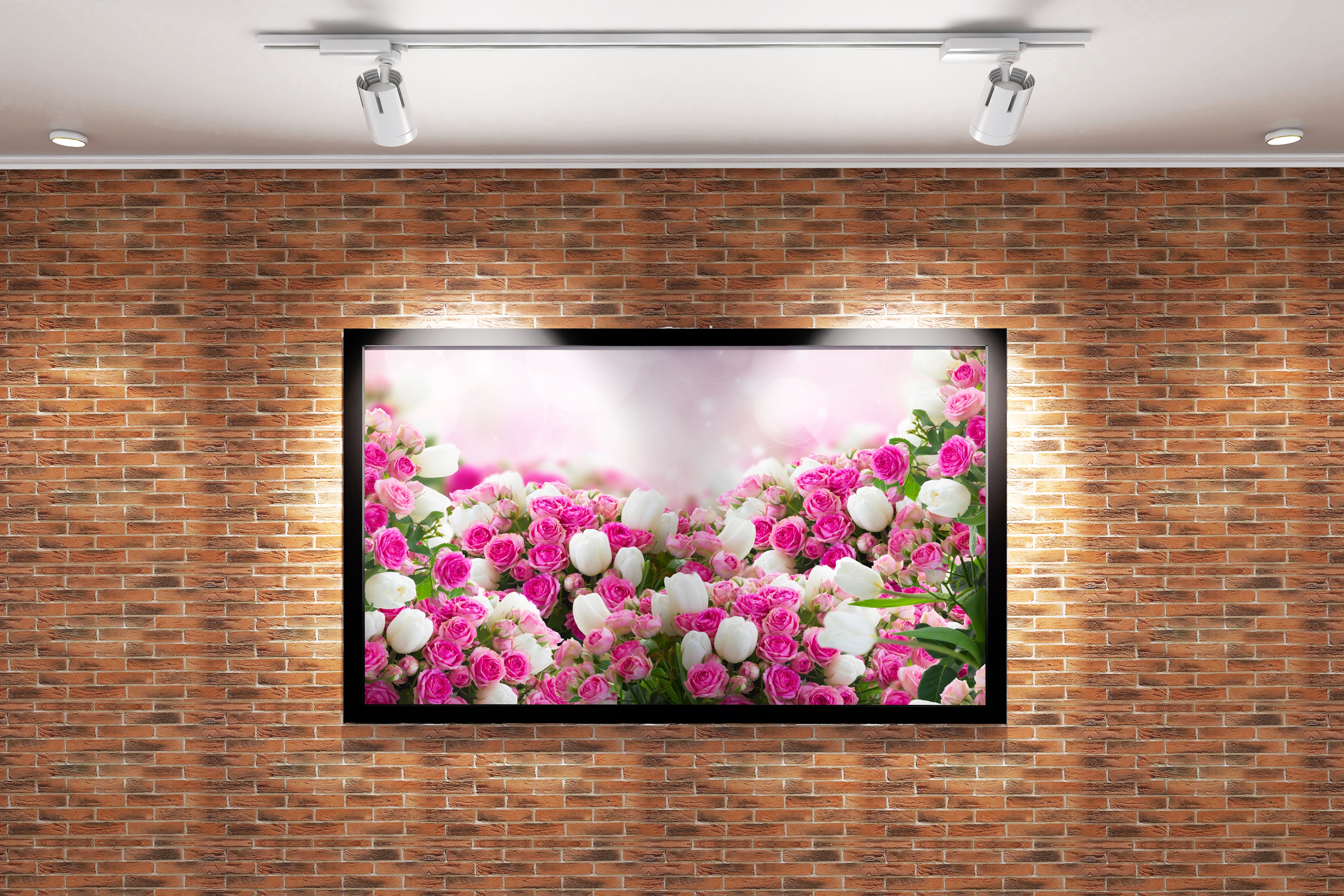 a lush bed of pink roses and white tulips on a sparkling bokeh background, flower motif, art, kanvas tablo