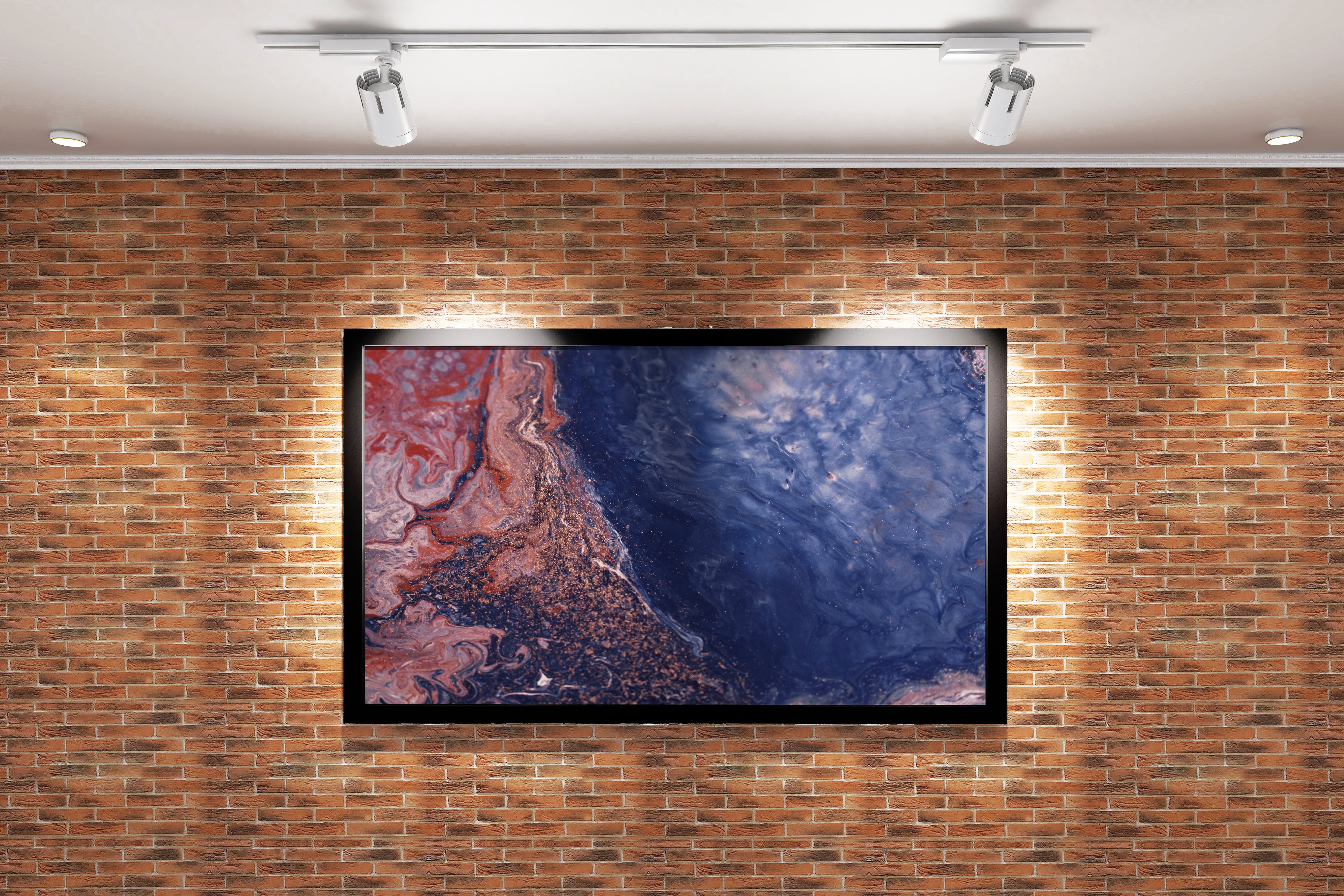 a macro view of fluid art with deep blue and sparkling terracotta red swirls, abstract, art, kanvas tablo