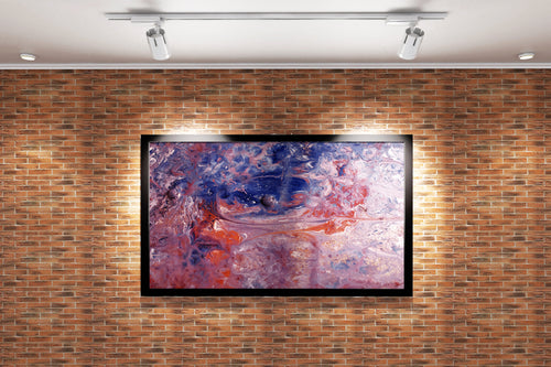 a detailed and complex fluid art painting with pink, blue, and sparkling red colors, abstract, art, kanvas tablo