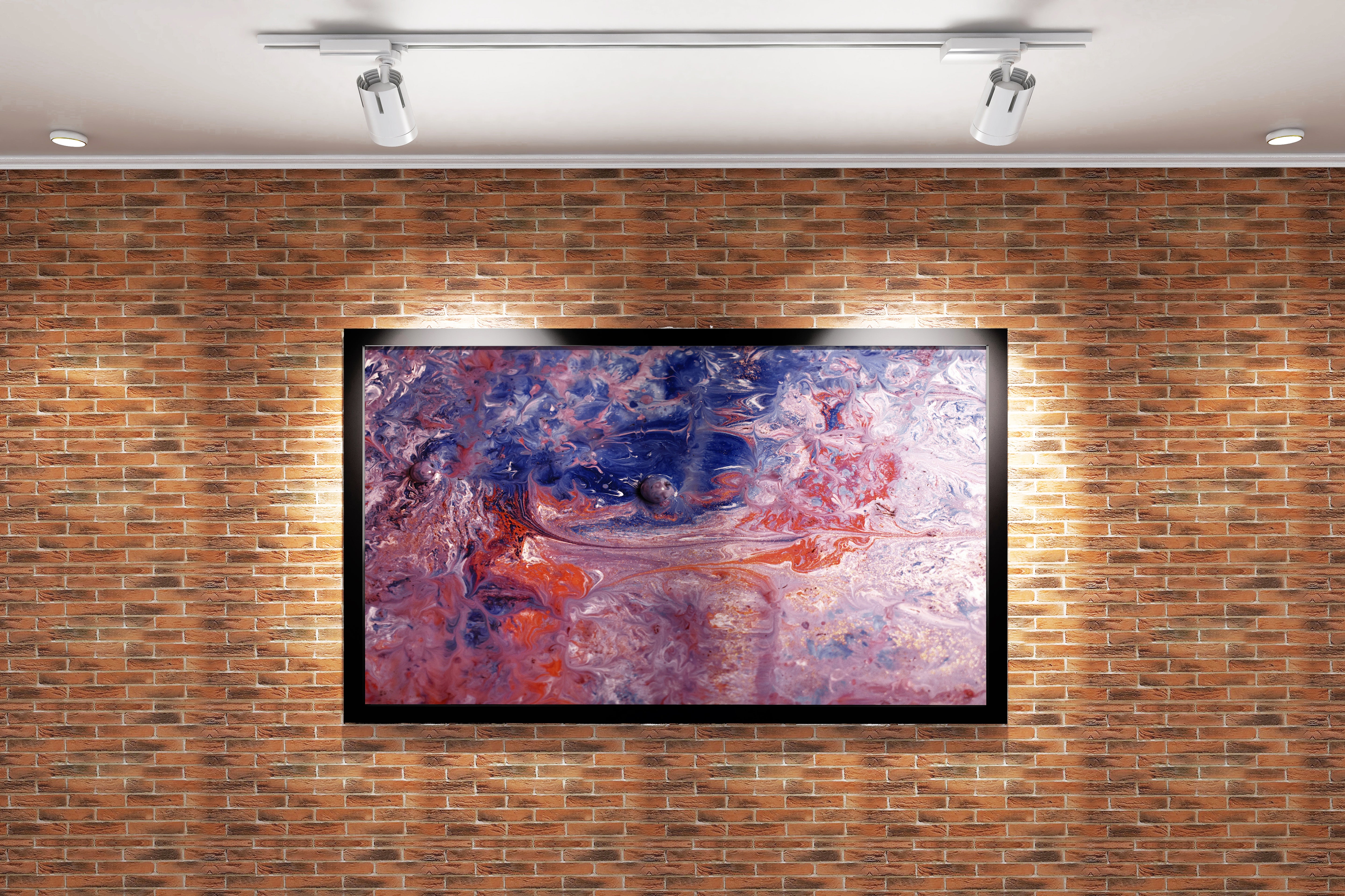 a detailed and complex fluid art painting with pink, blue, and sparkling red colors, abstract, art, kanvas tablo