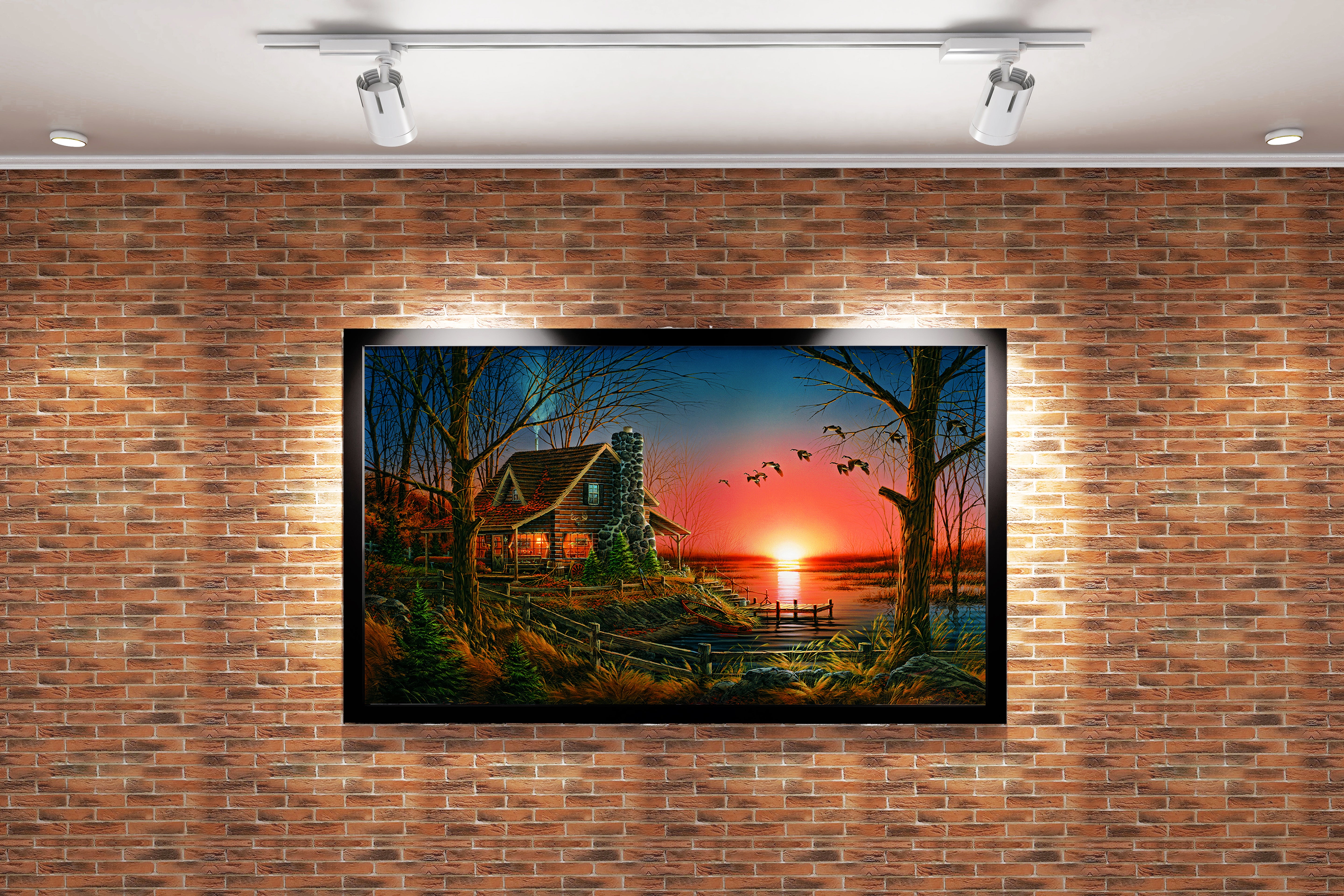 a cozy log cabin by a lake with geese flying across a red sunset, view, art, kanvas tablo
