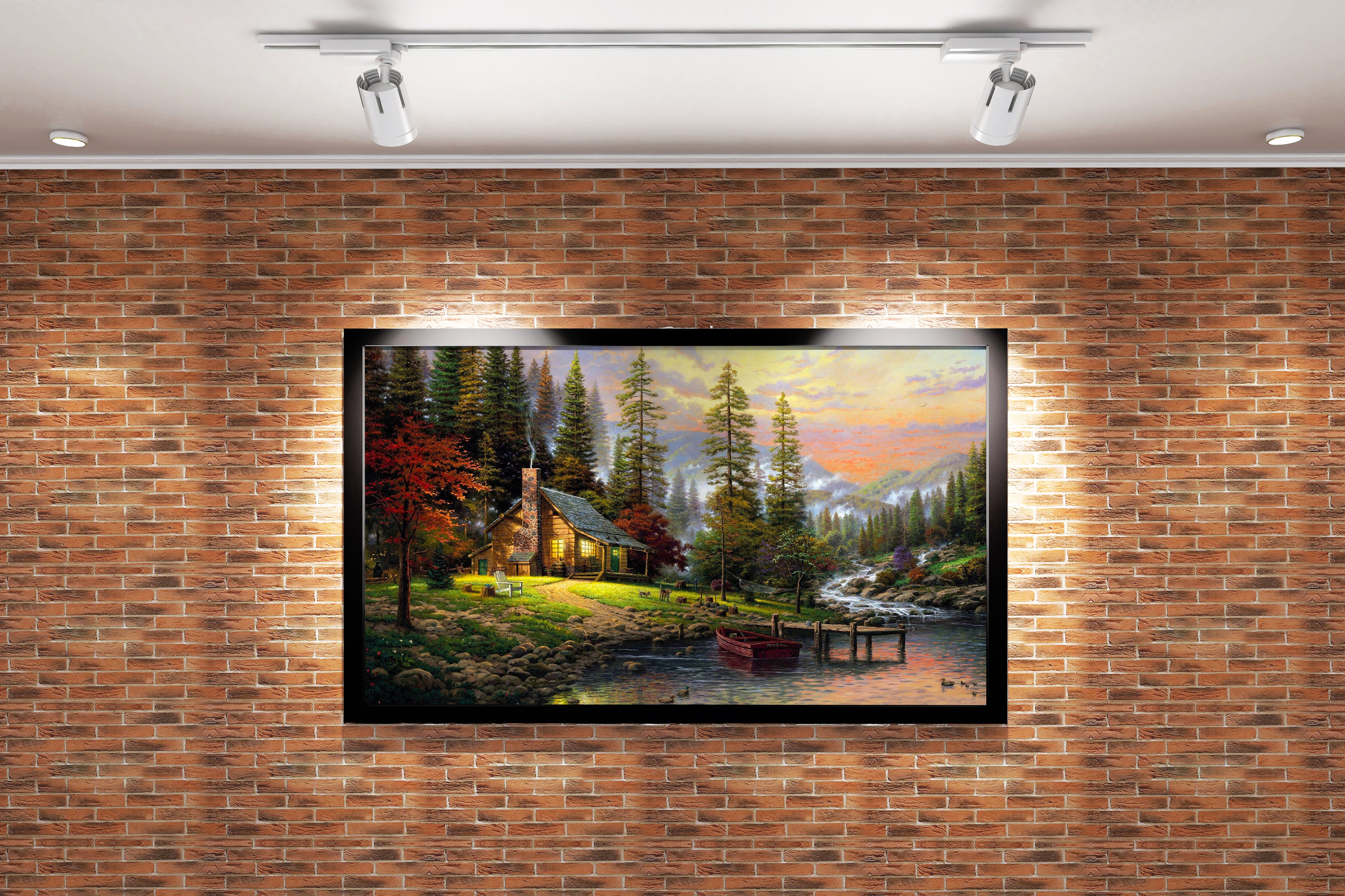 a cozy log cabin glowing by a peaceful river in a mountain forest, view, art, kanvas tablo