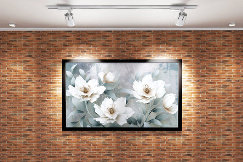 a 3d render of elegant white flowers on a grey textured painterly background, flower motif, art, kanvas tablo