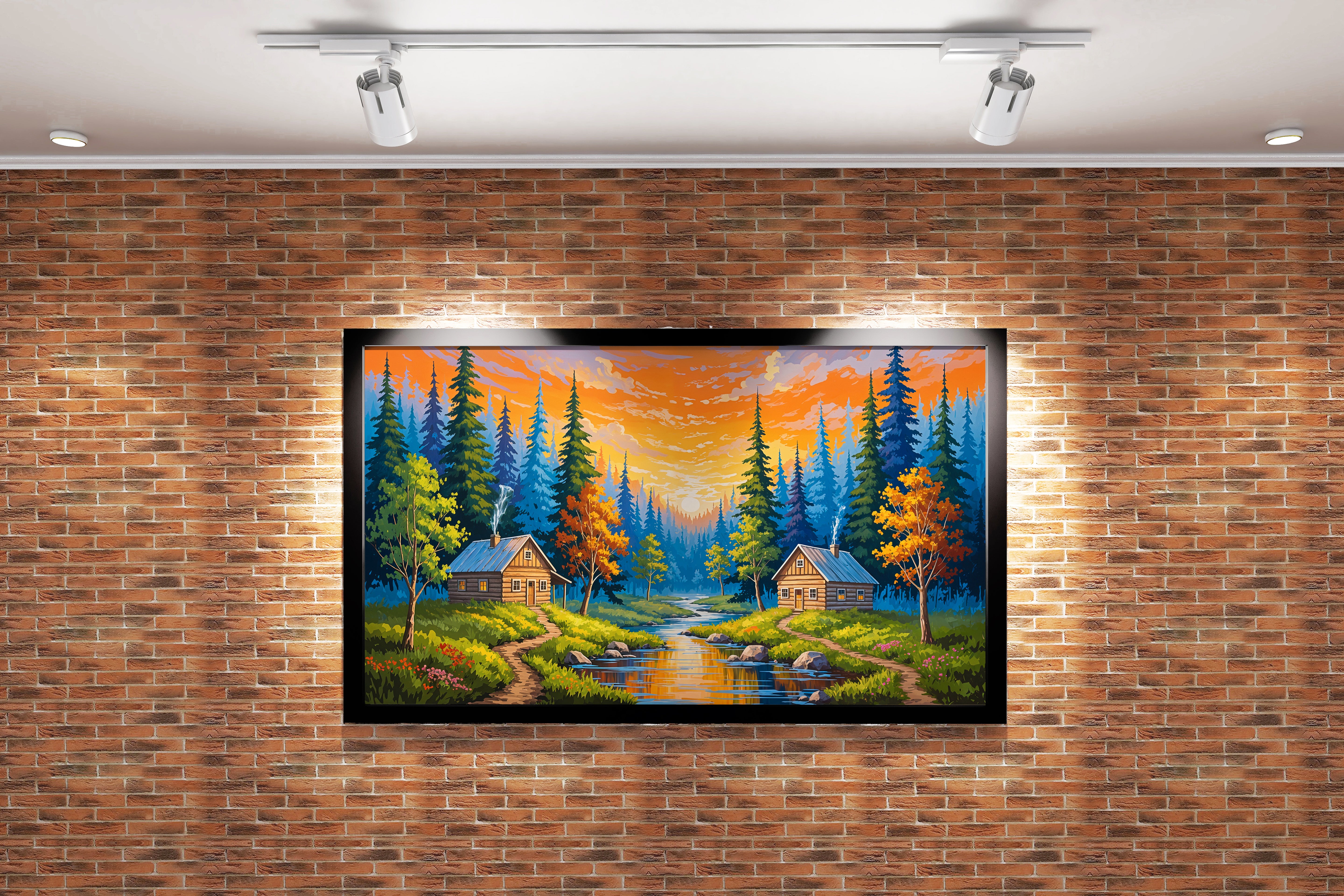 two huts forest view at sunset model 1, view, art, kanvas tablo