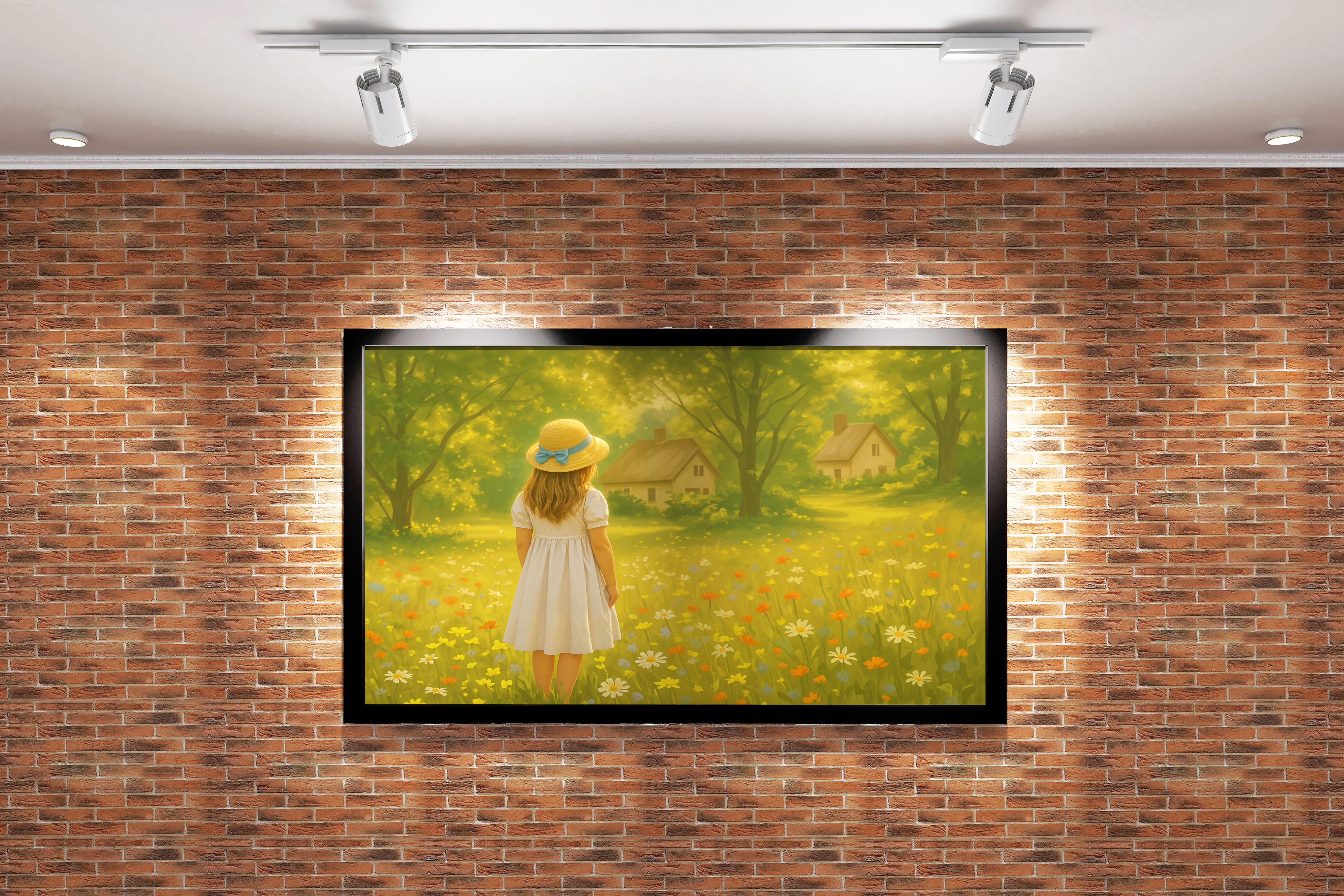 forest and small hut with flower view with little girl in a hat, view, art, kanvas tablo