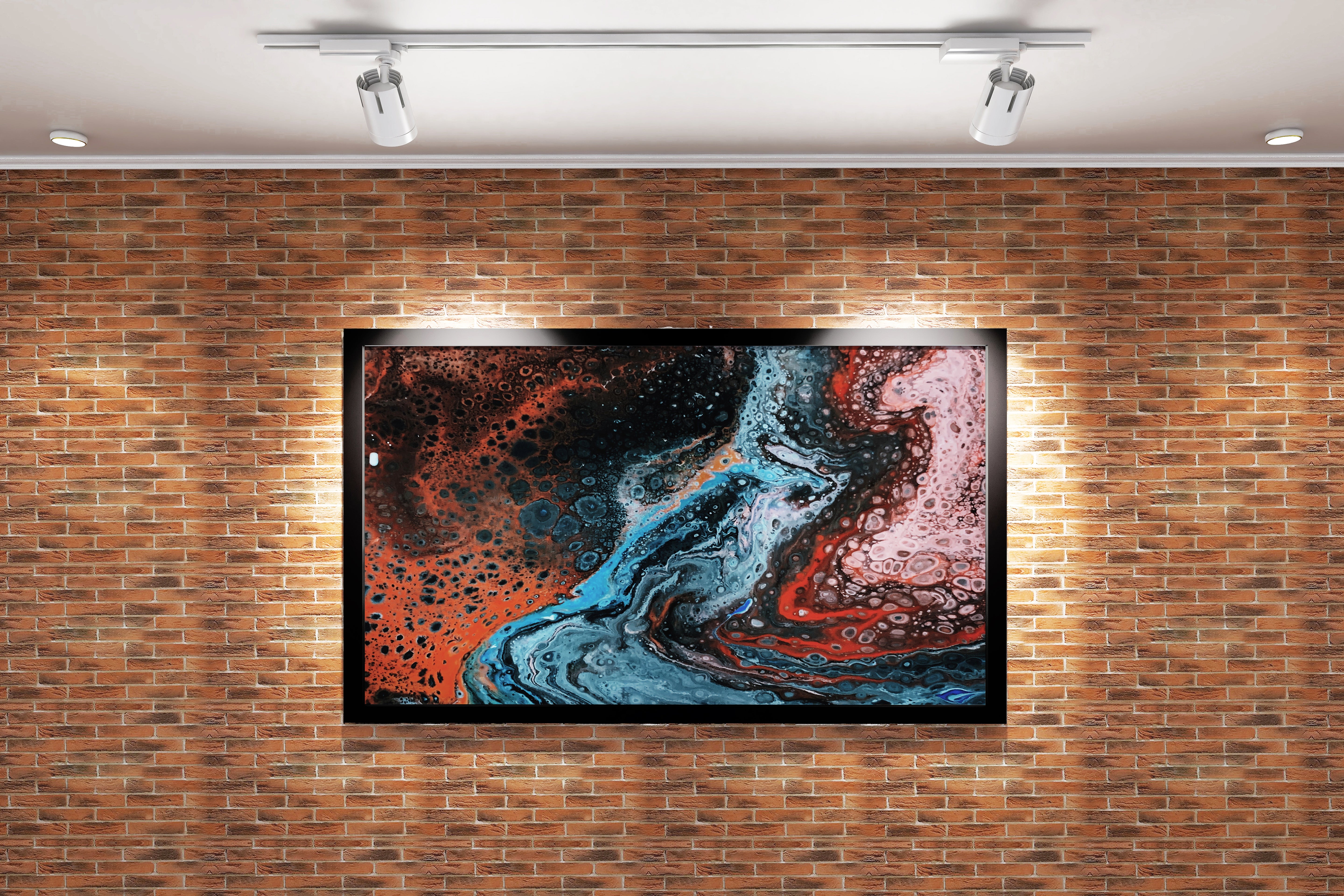 a detailed fluid art painting with cellular structures in red, black and blue, abstract, art, kanvas tablo