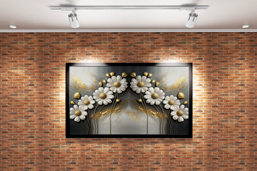 an elegant and symmetrical design of white and gold flowers on a texture, flower motif, art, kanvas tablo