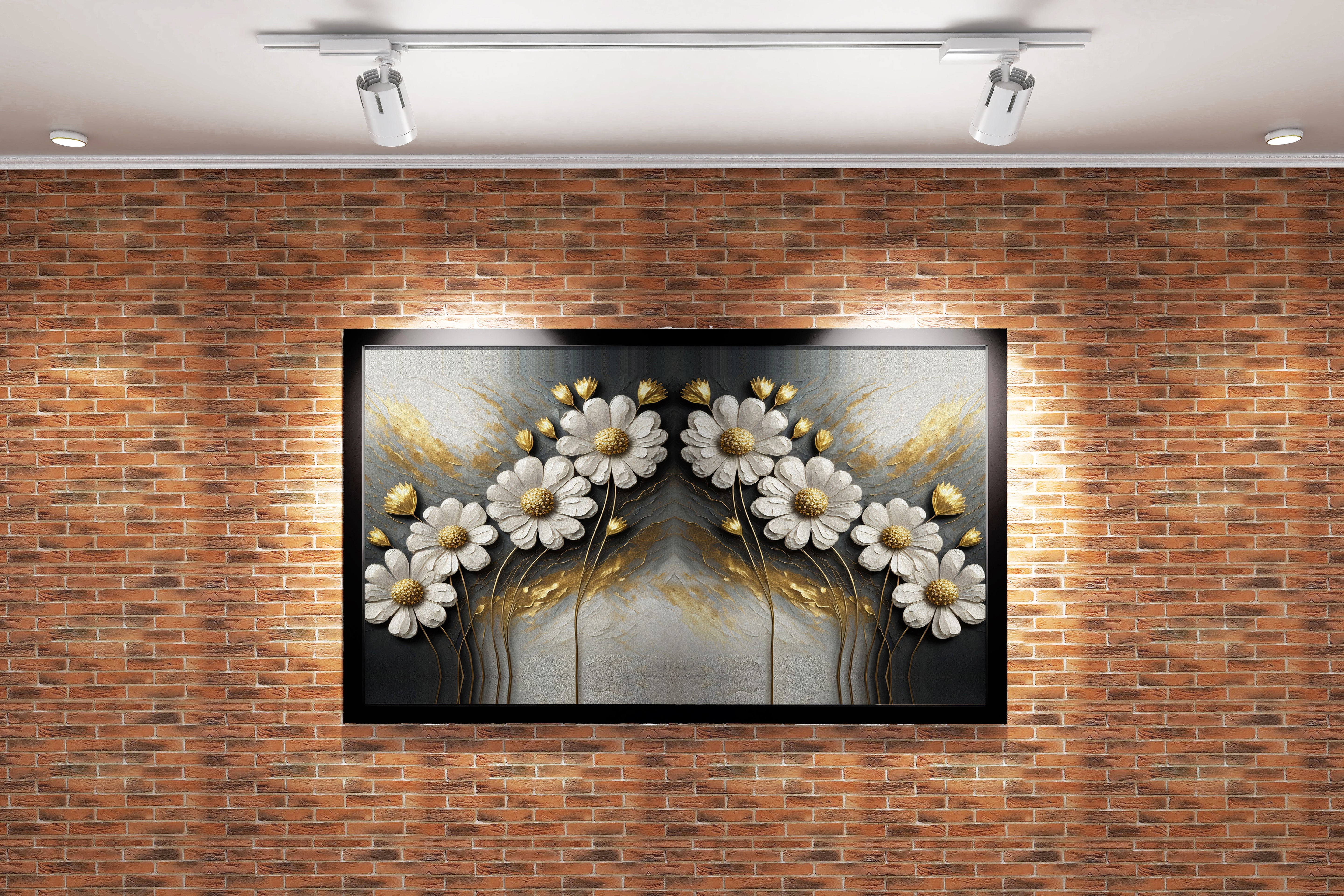 an elegant and symmetrical design of white and gold flowers on a texture, flower motif, art, kanvas tablo