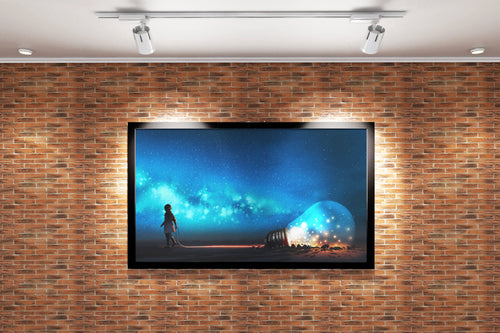 a child pulling a giant lightbulb full of stars across a starry landscape, ai art, art, kanvas tablo