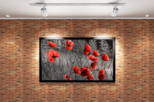 flower motif, red flowers blooming via dark theme, art, kanvas tablo