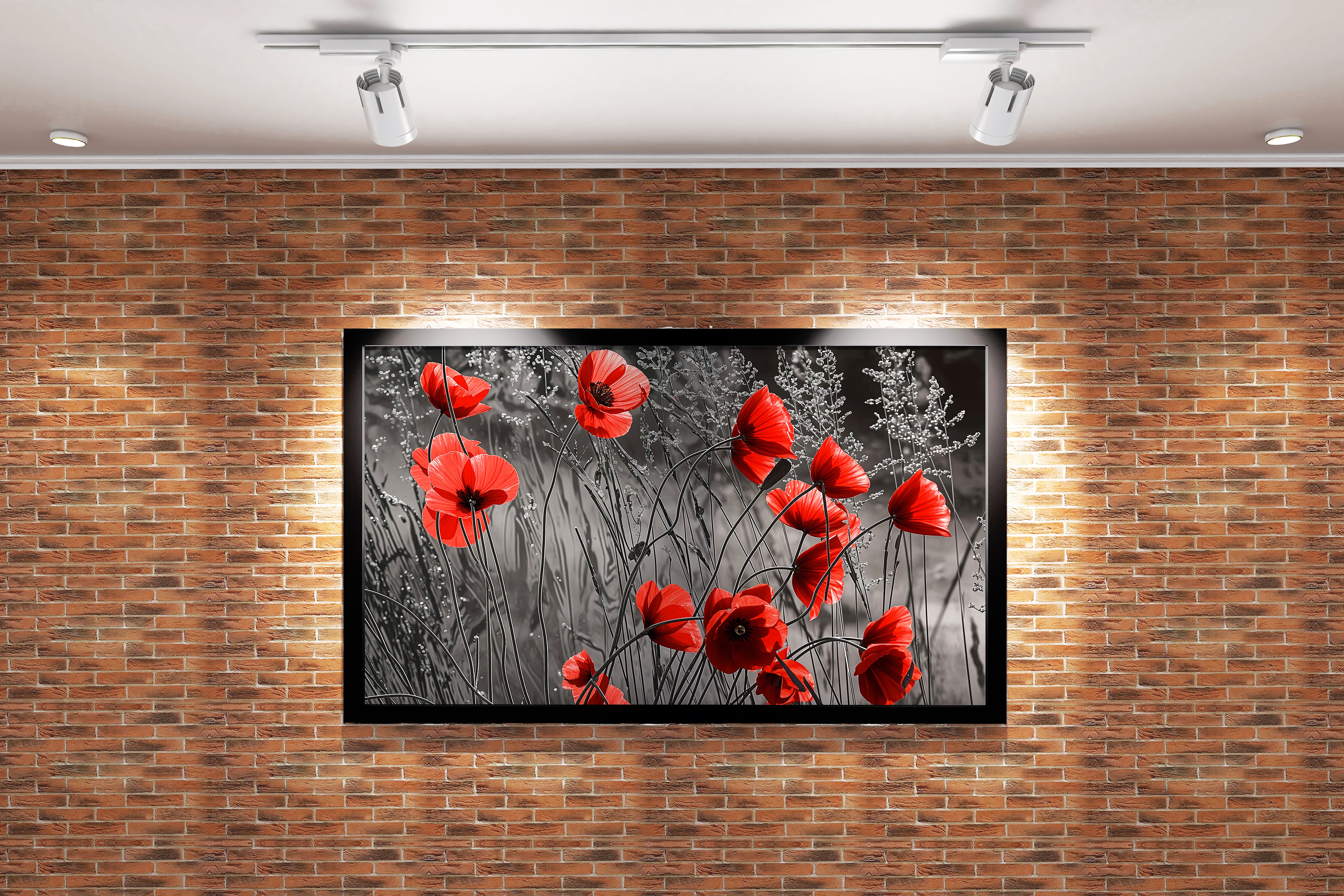flower motif, red flowers blooming via dark theme, art, kanvas tablo