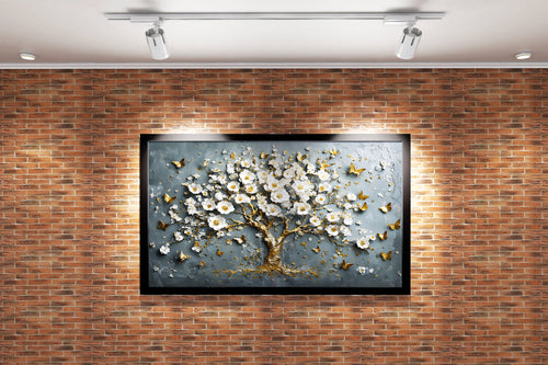 flower motif, grey themed tree, art, kanvas tablo