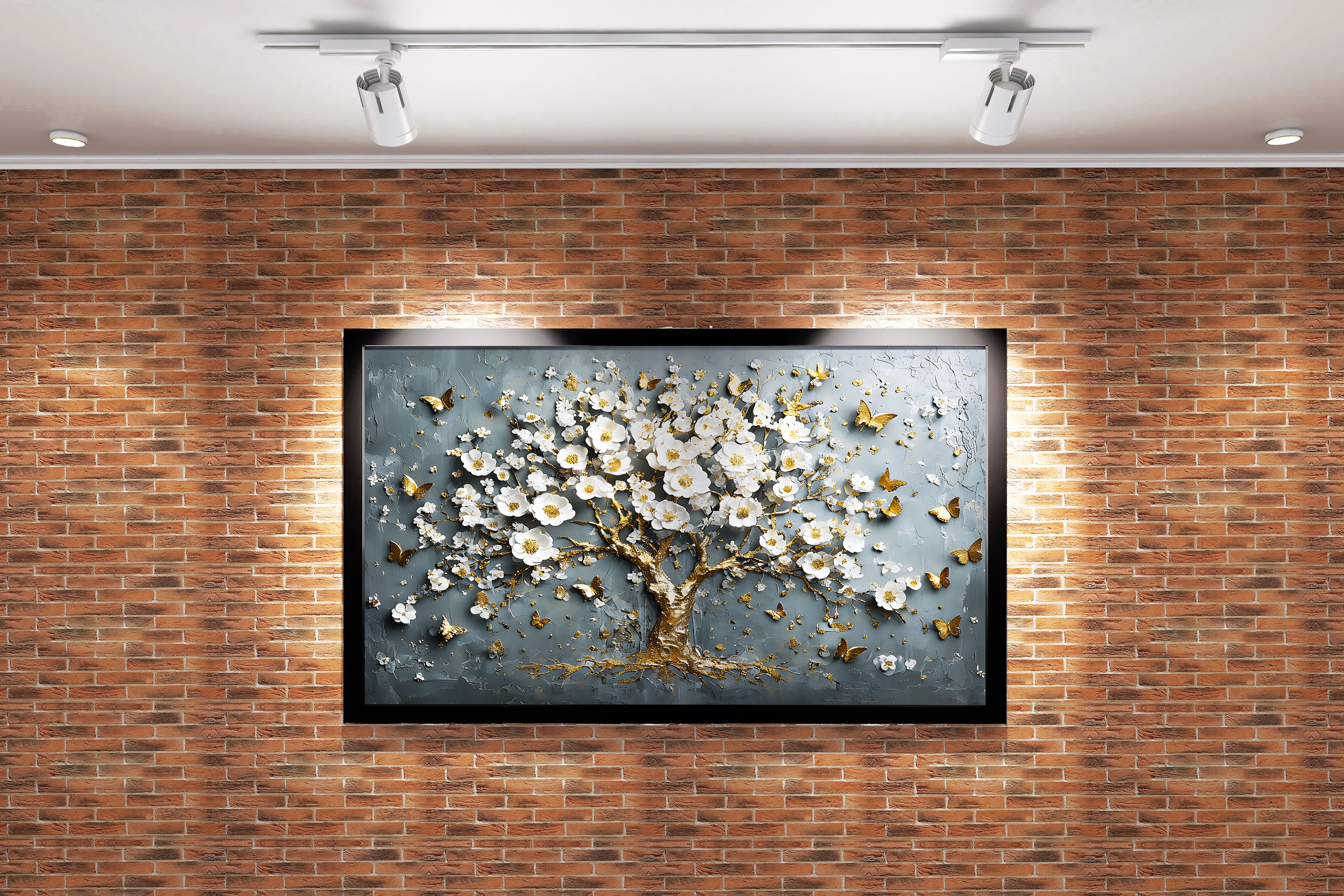 flower motif, grey themed tree, art, kanvas tablo