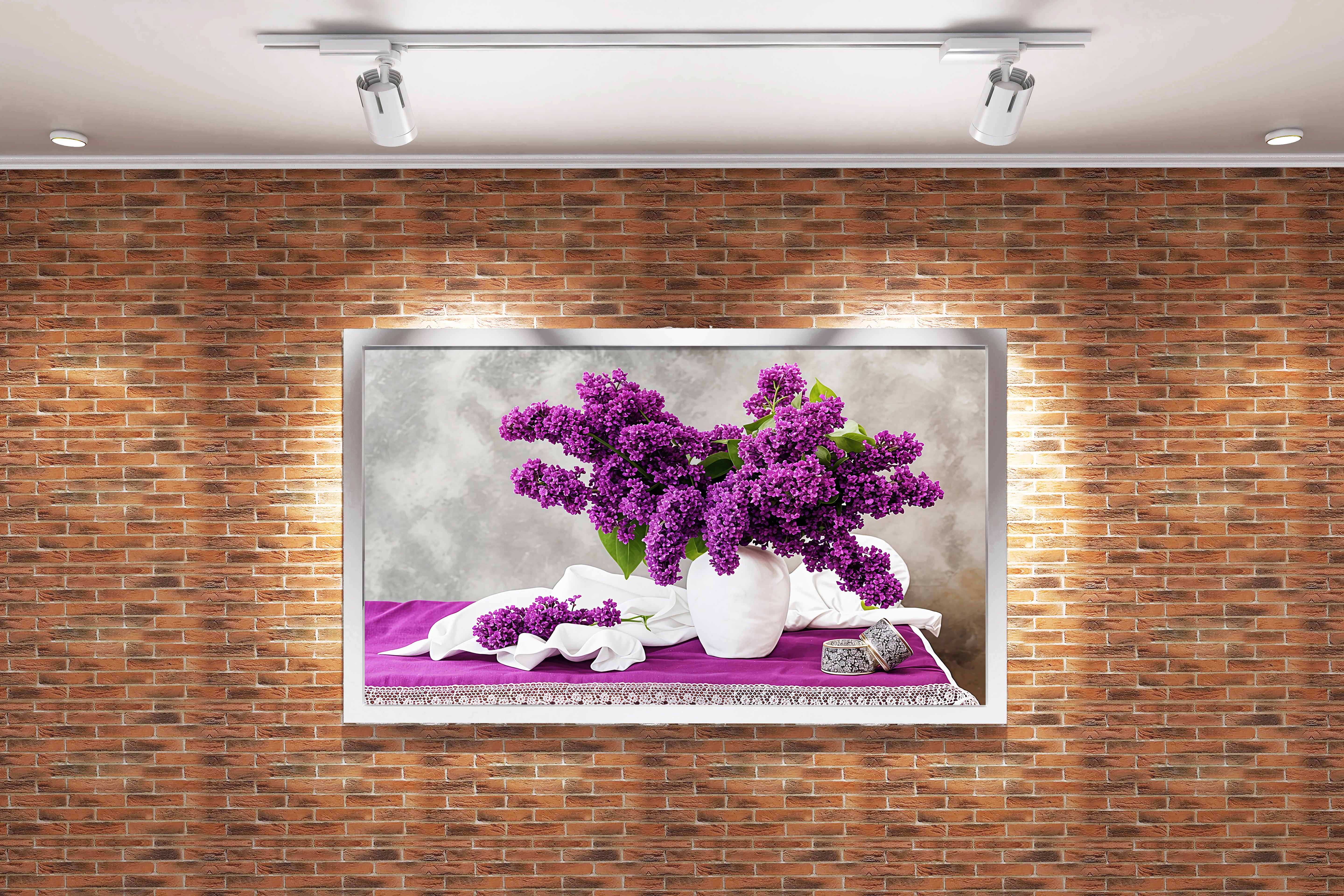 flower motif, purple flowers/white vase, art, kanvas tablo