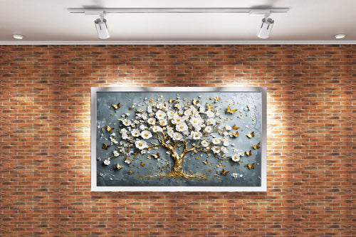 flower motif, grey themed tree, art, kanvas tablo