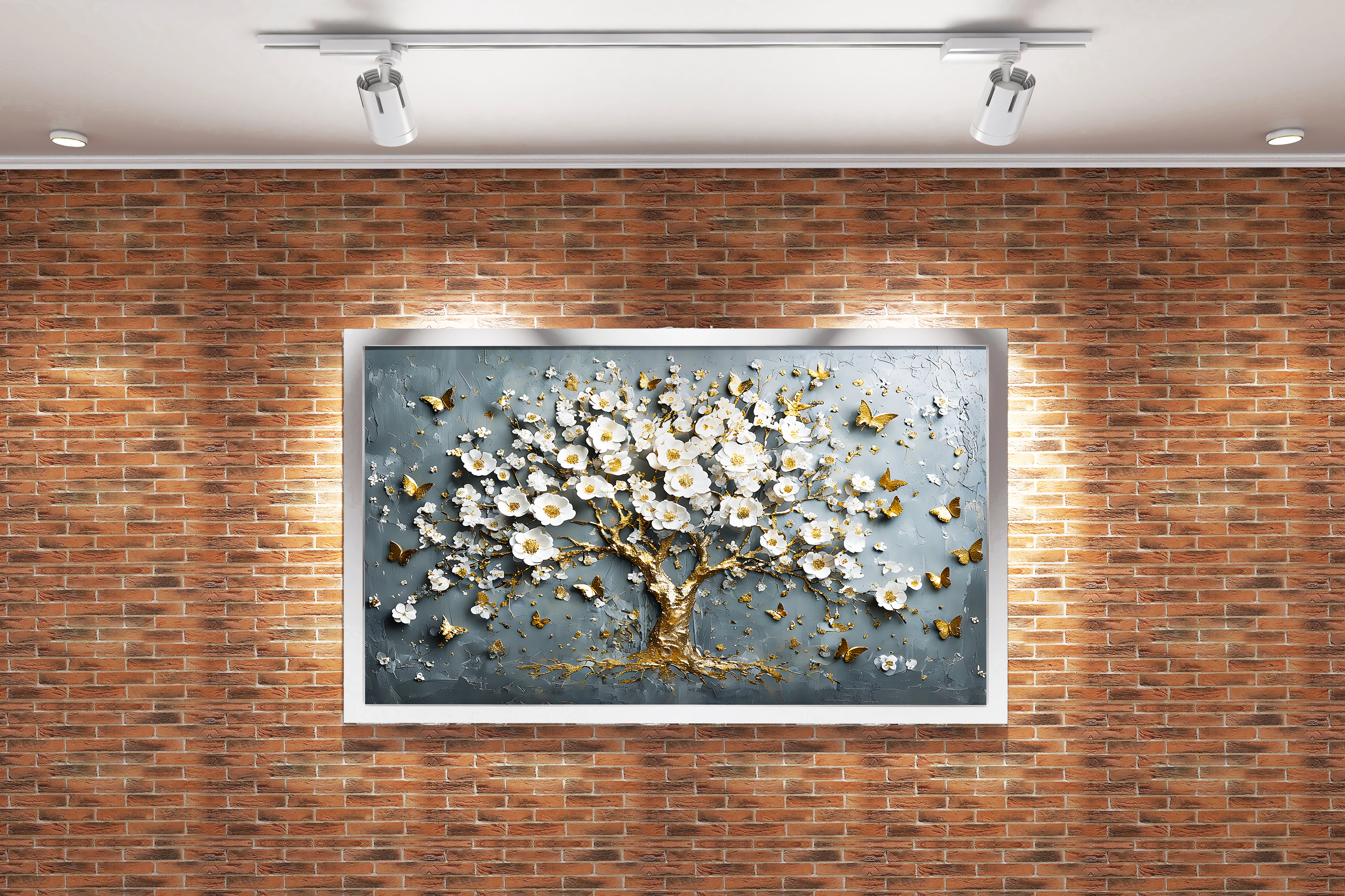 flower motif, grey themed tree, art, kanvas tablo