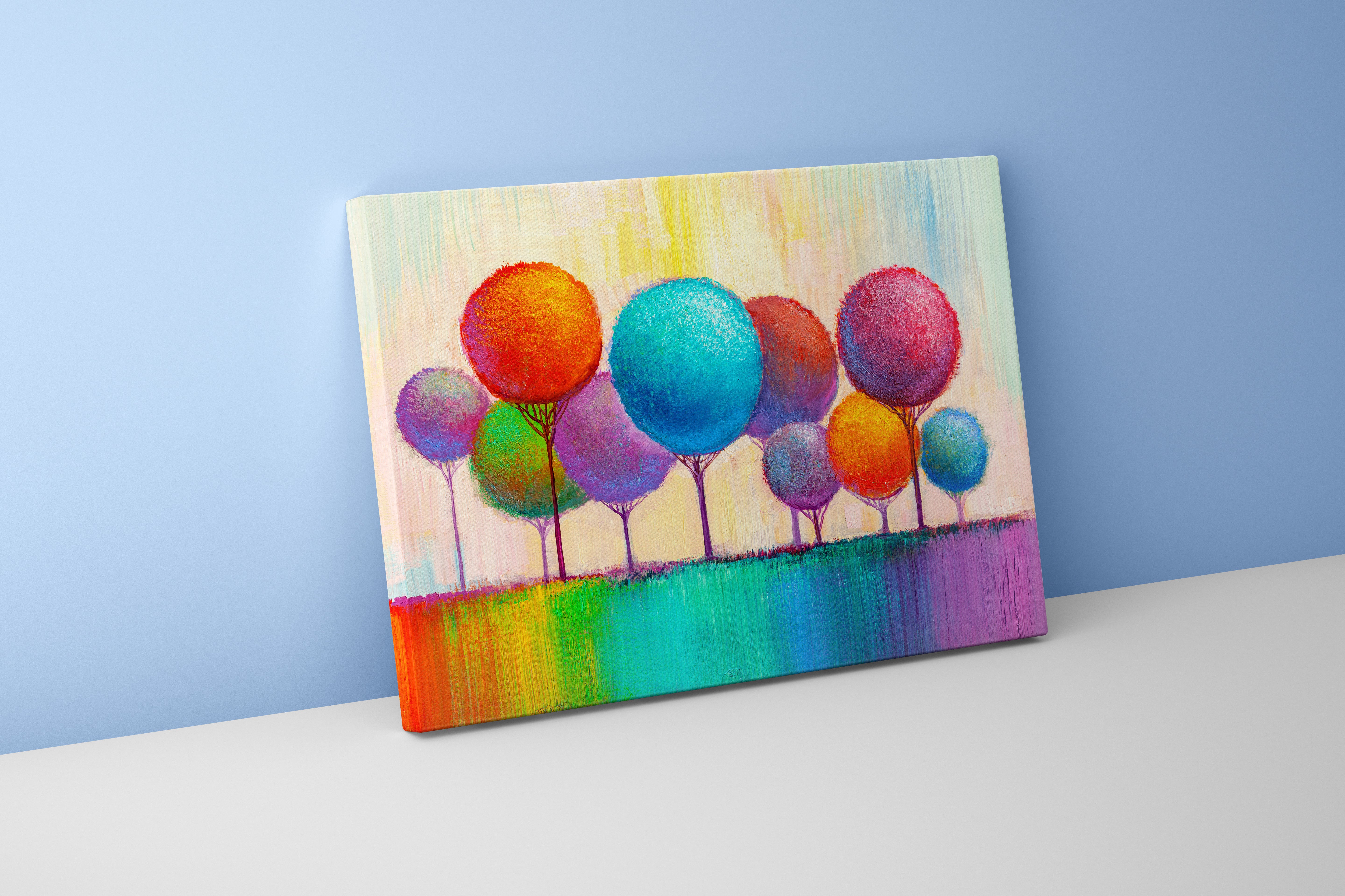 a whimsical, textured painting of colorful lollipop trees on a rainbow ground, view, art, kanvas tablo