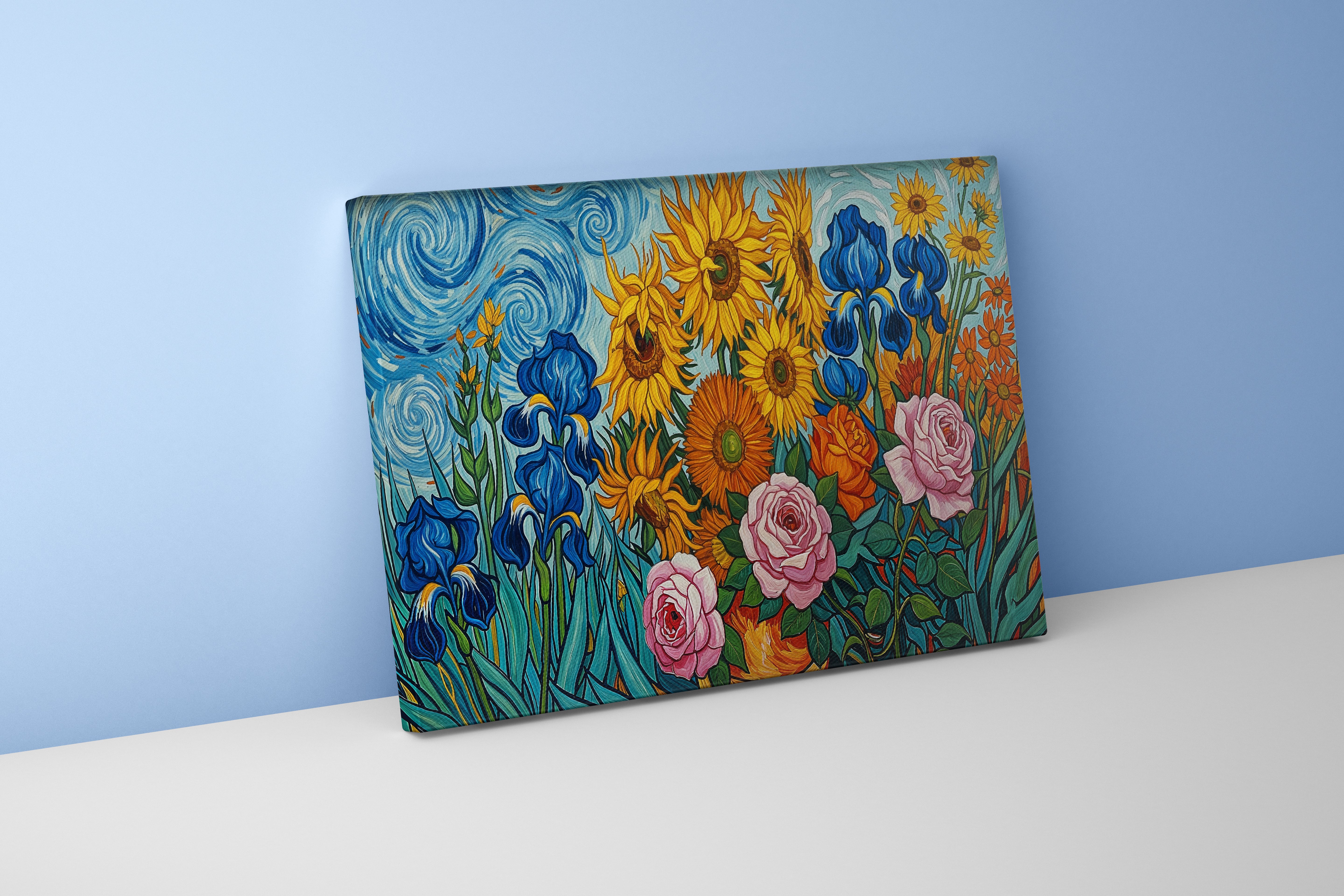 flower motif, sunflower/roses/irises in van gogh style, art, kanvas tablo