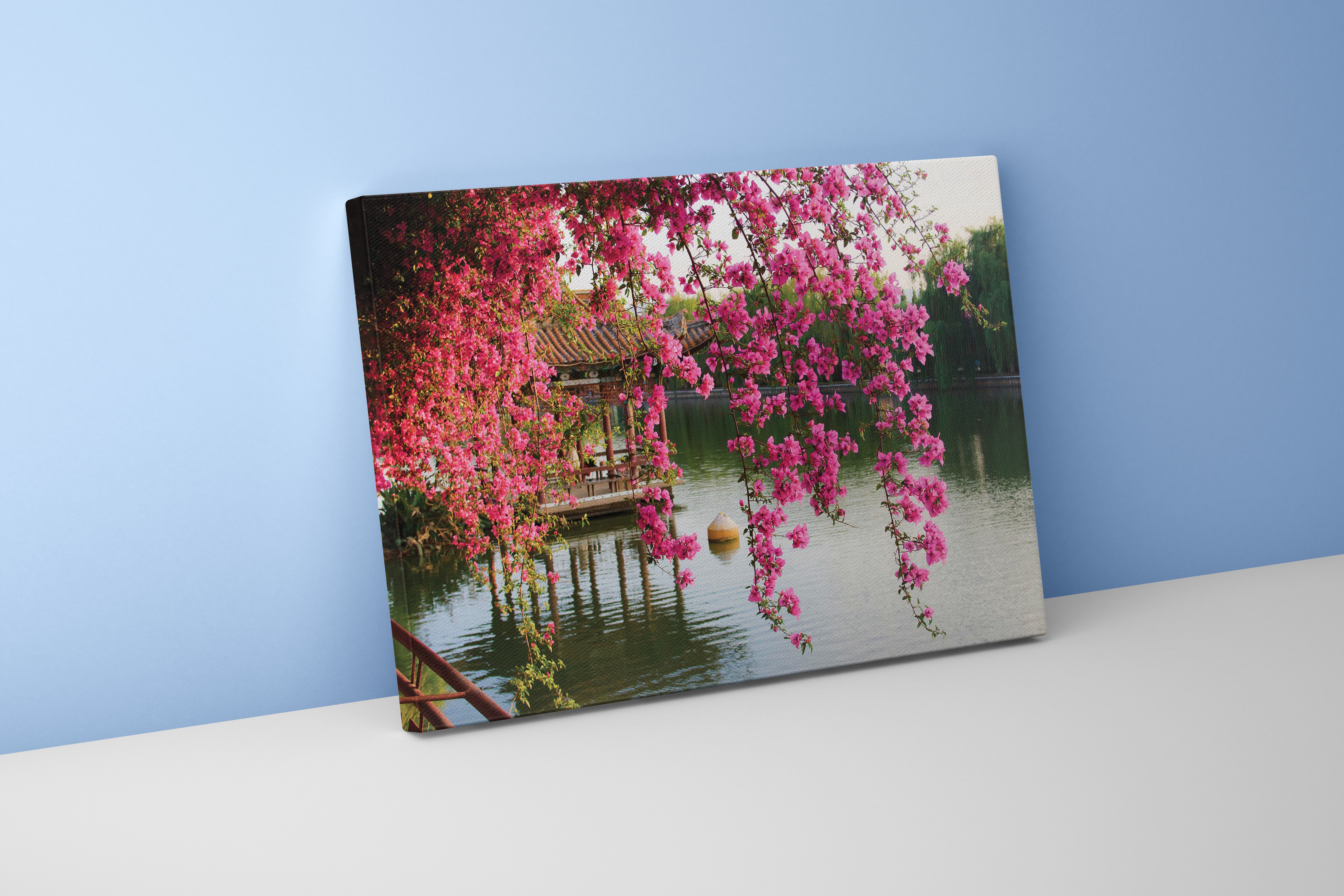 a peaceful lakeside pagoda seen through a curtain of hanging pink flowers, view, art, kanvas tablo