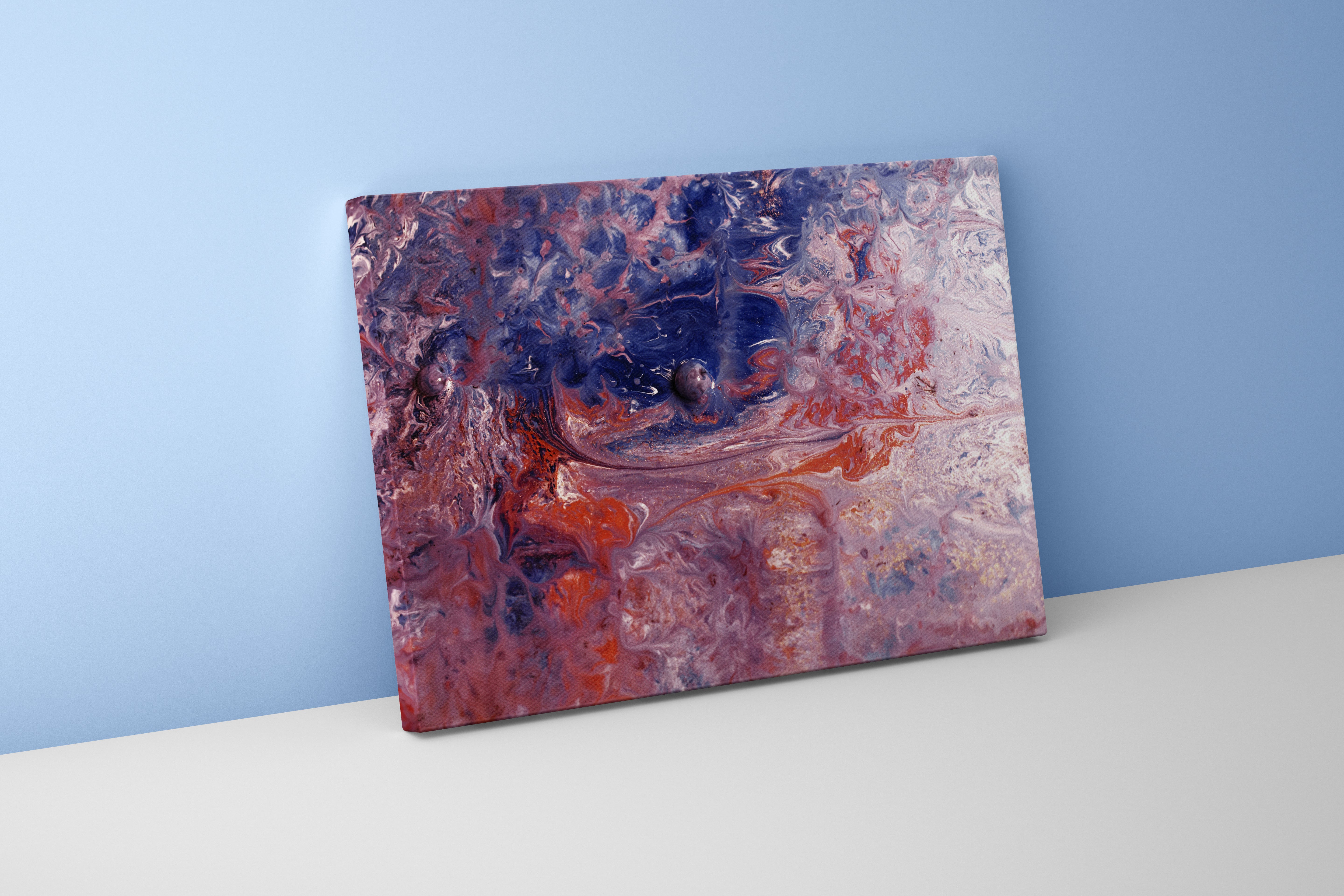 a detailed and complex fluid art painting with pink, blue, and sparkling red colors, abstract, art, kanvas tablo