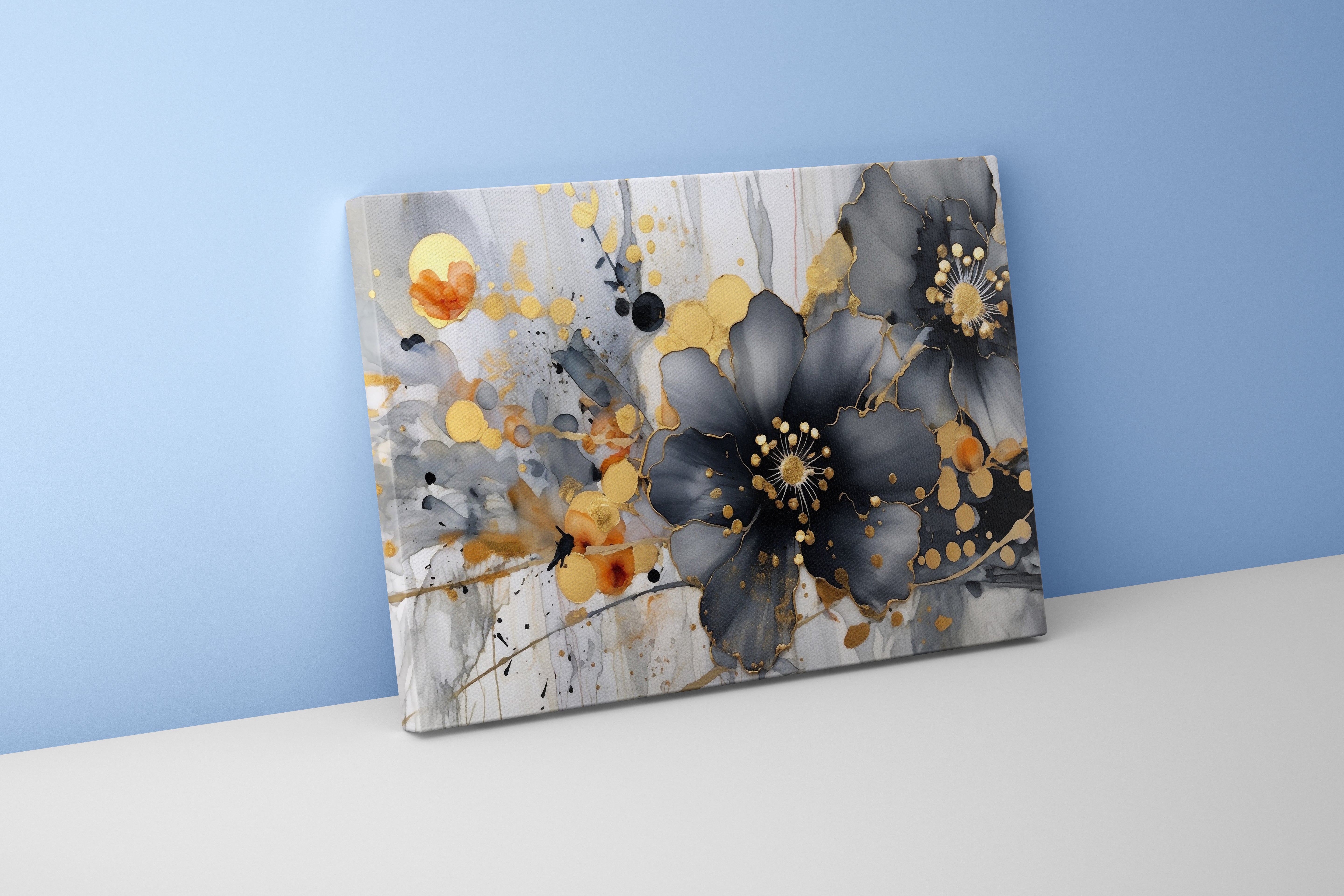 an elegant alcohol ink painting of grey flowers with gold leaf details, flower motif, art, kanvas tablo