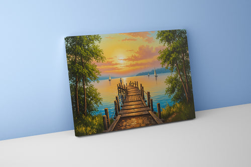 pier and nature view by the river with colorful flowers model 3, view, ai art, art, kanvas tablo