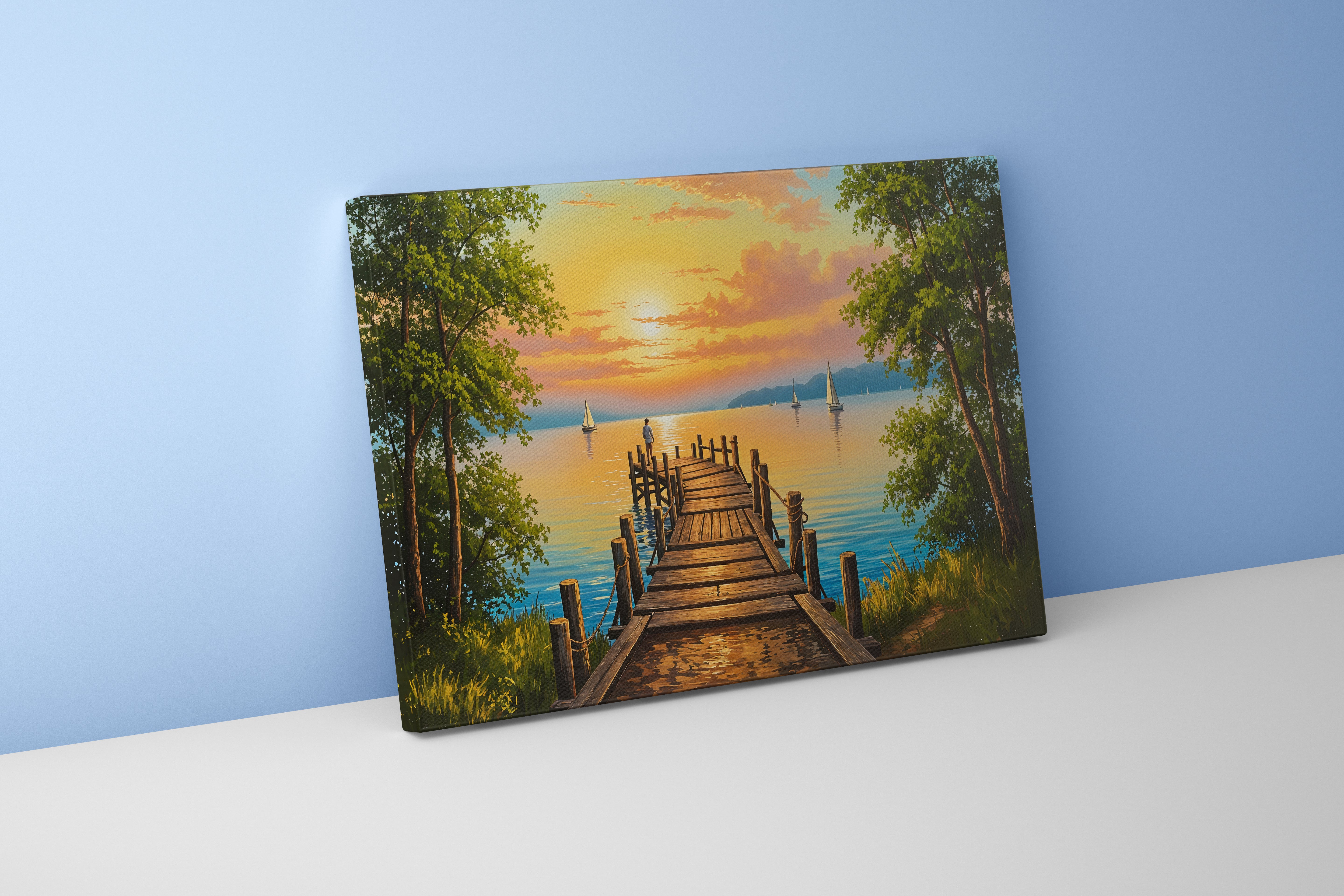 pier and nature view by the river with colorful flowers model 3, view, ai art, art, kanvas tablo