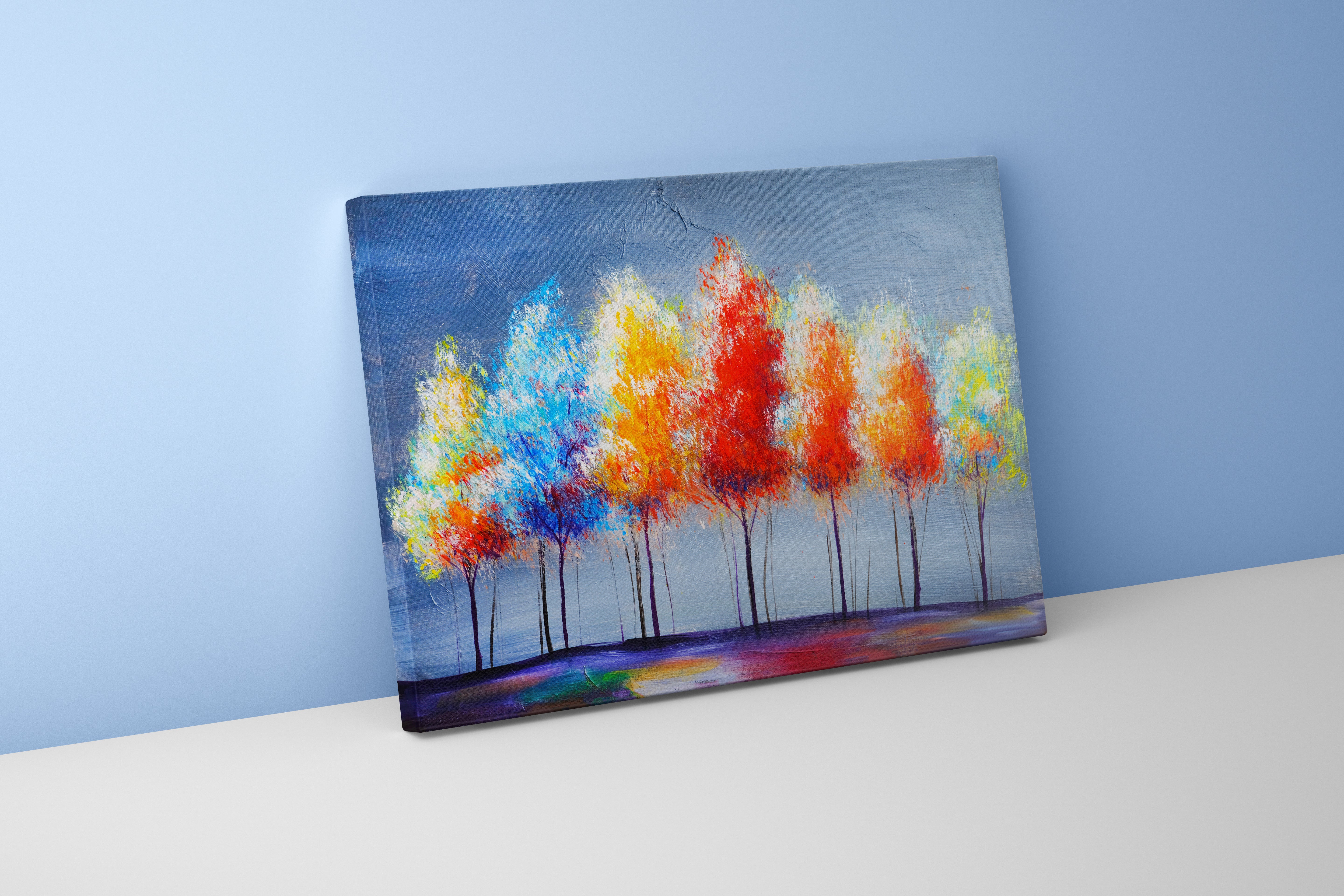 a vibrant, textured palette knife painting of a row of colorful autumn trees, view, art, kanvas tablo