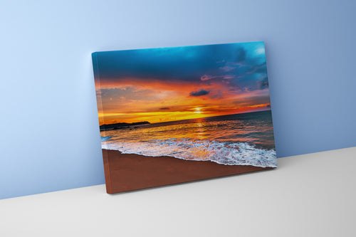 a fiery orange sunset meets a dark blue sky over a beach, view, art, kanvas tablo