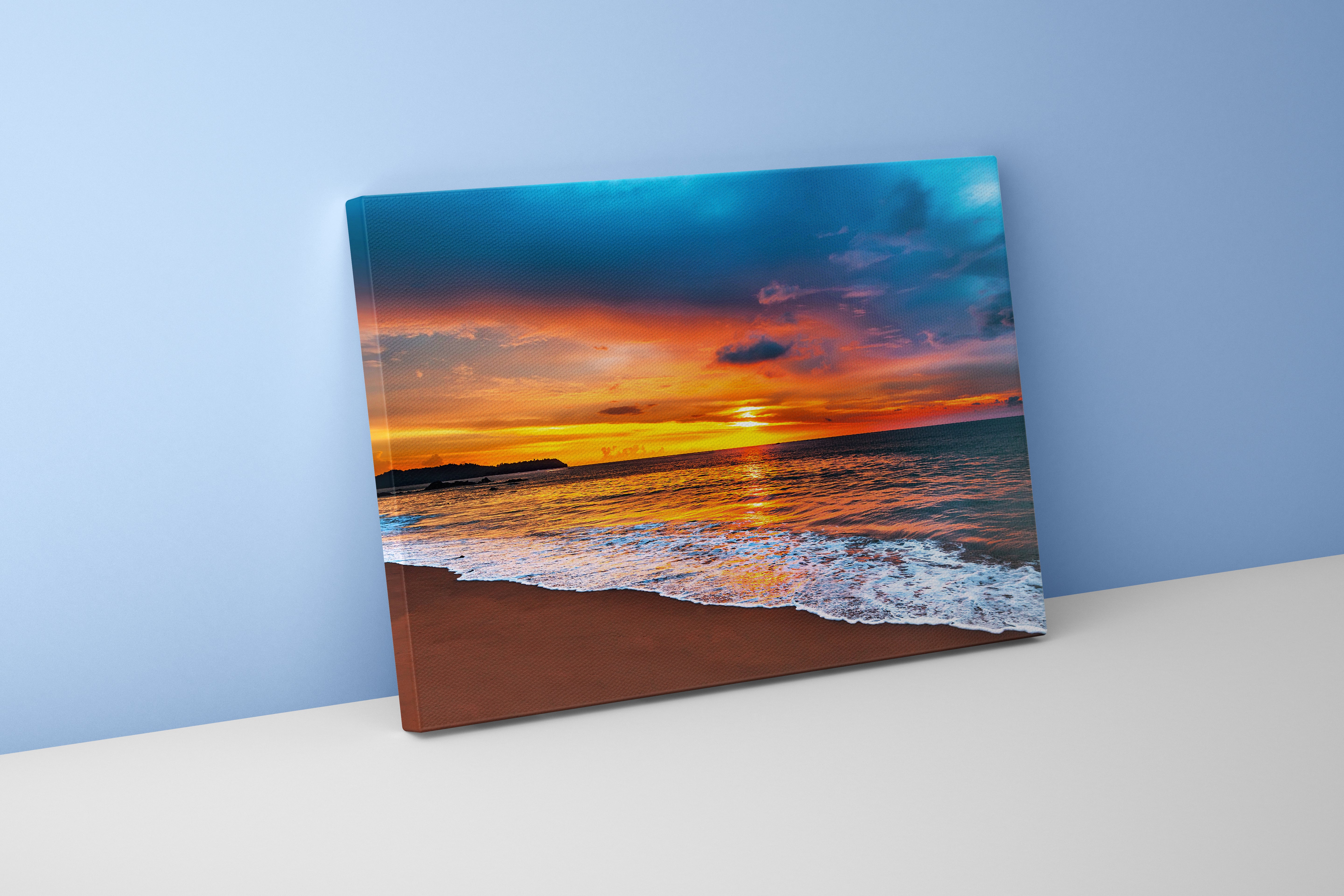 a fiery orange sunset meets a dark blue sky over a beach, view, art, kanvas tablo