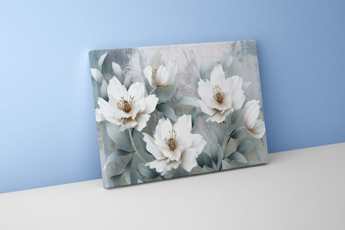 a 3d render of elegant white flowers on a grey textured painterly background, flower motif, art, kanvas tablo