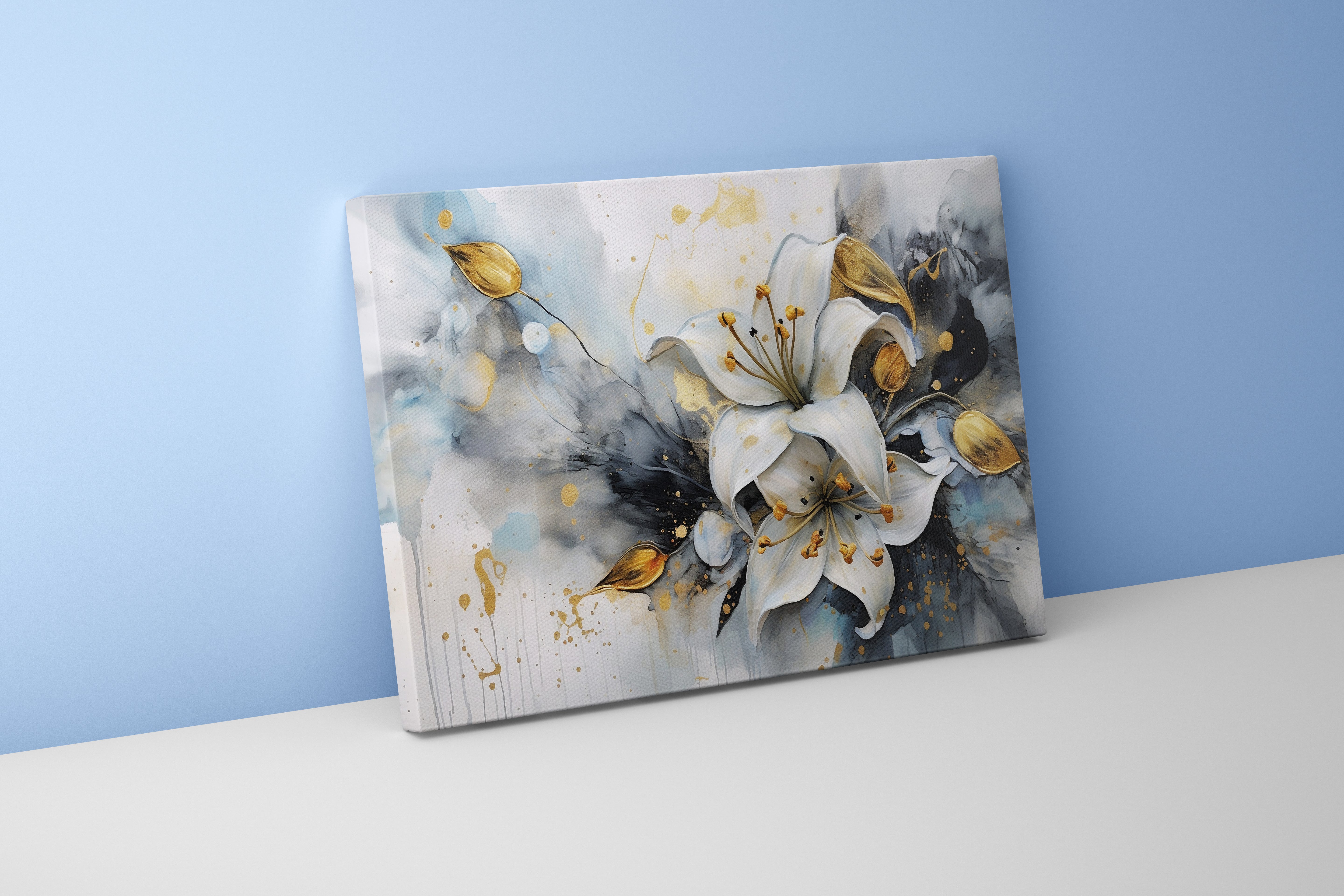 a luxurious watercolor of white lilies and golden leaves with gold splatters, flower motif, art, kanvas tablo