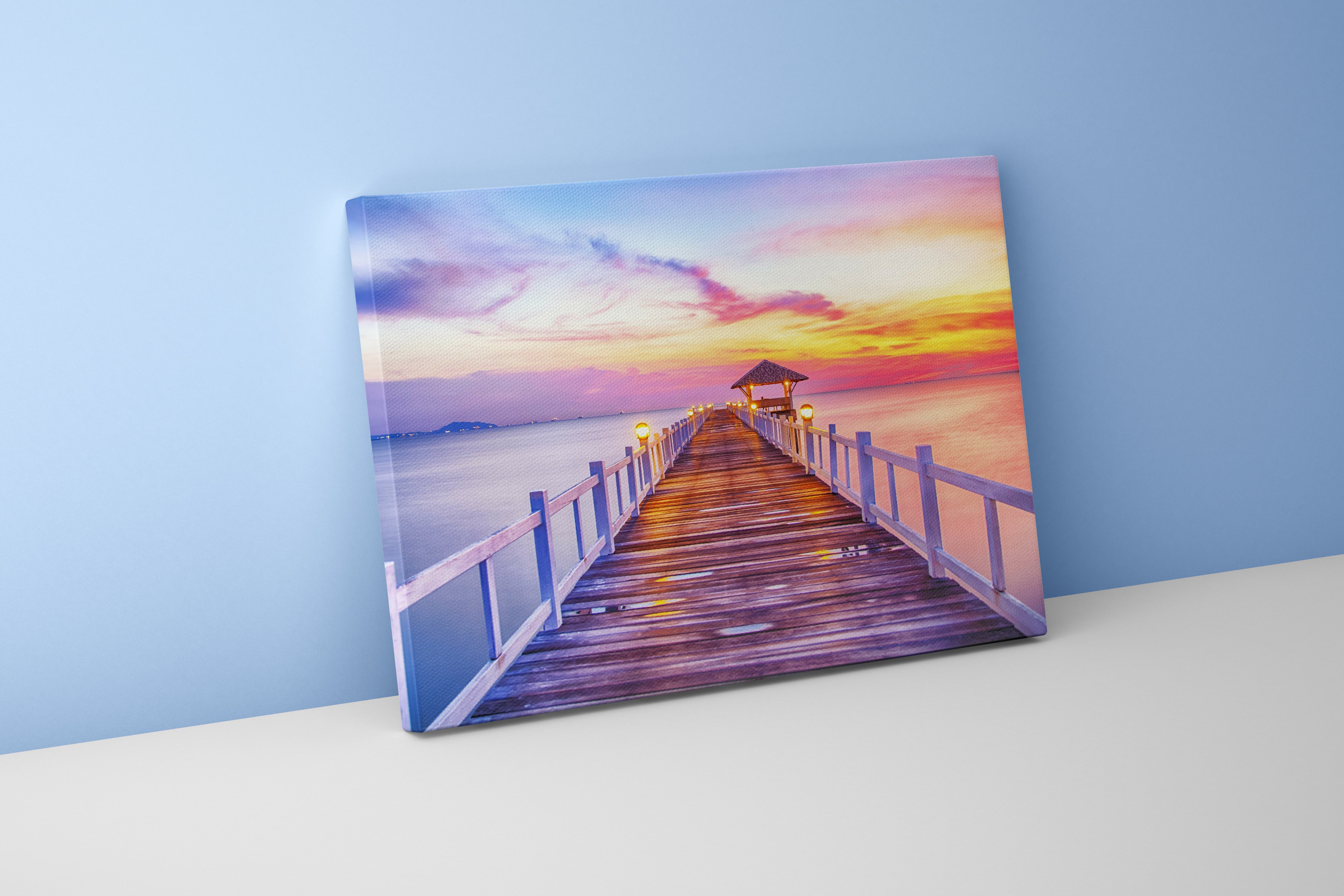 a peaceful wooden pier with glowing lamps leading to a vibrant ocean sunset, view, art, kanvas tablo